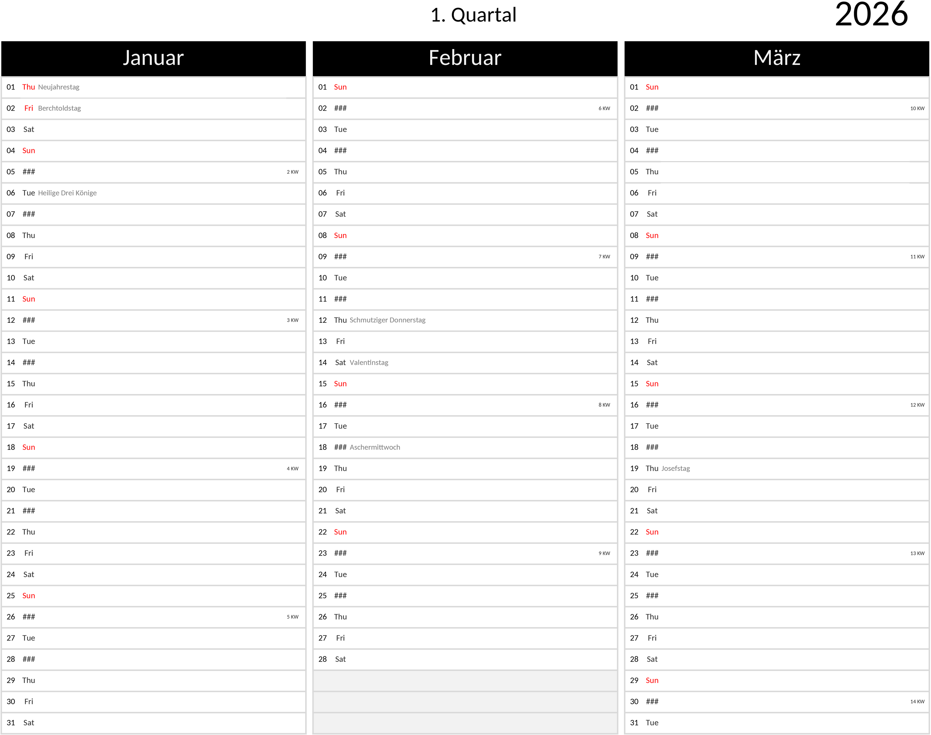 Excel Quartalskalender 2026 im Querformat