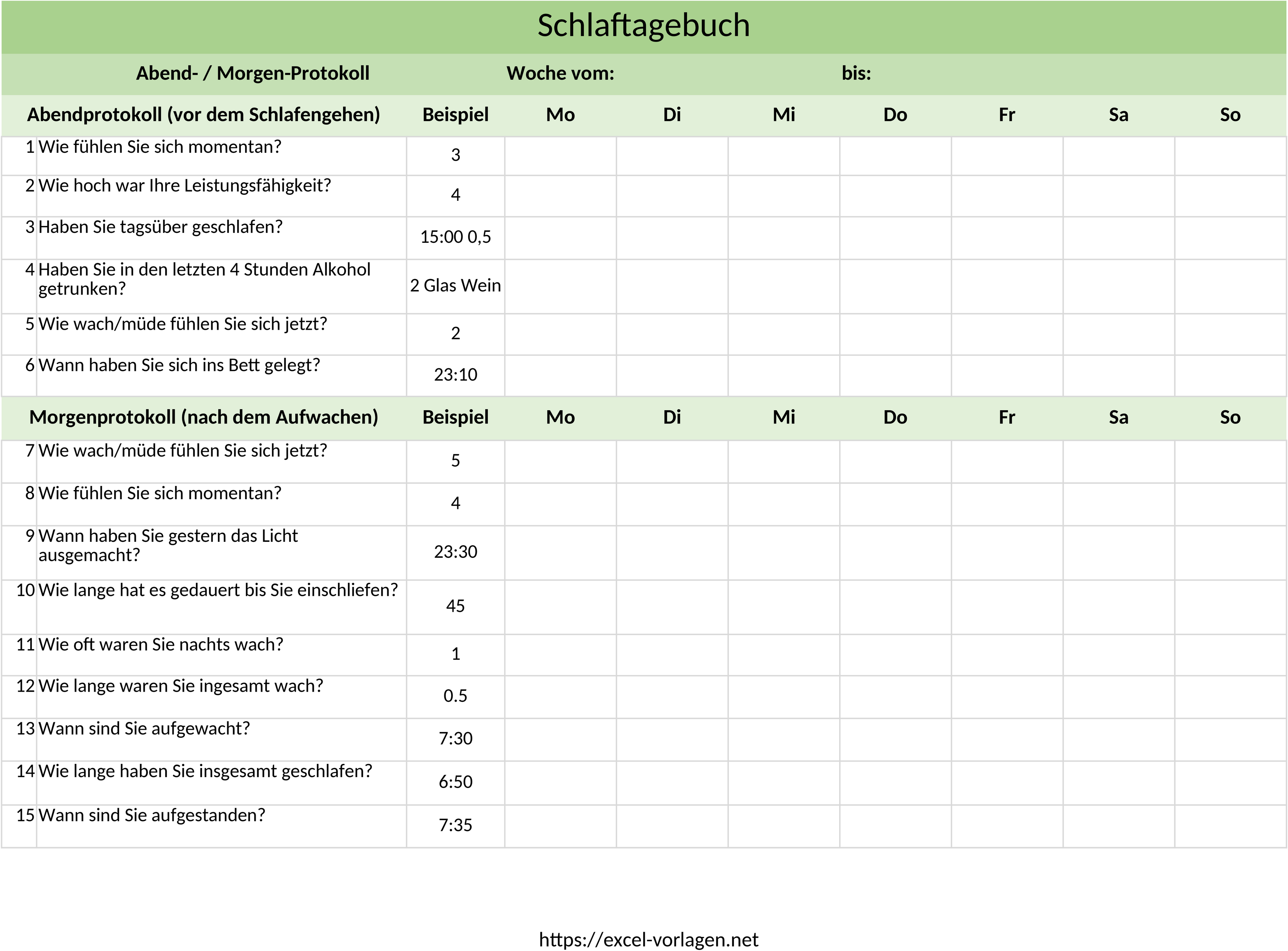 Excel-Vorlage für ein Schlaftagebuch zur Schlafüberwachung