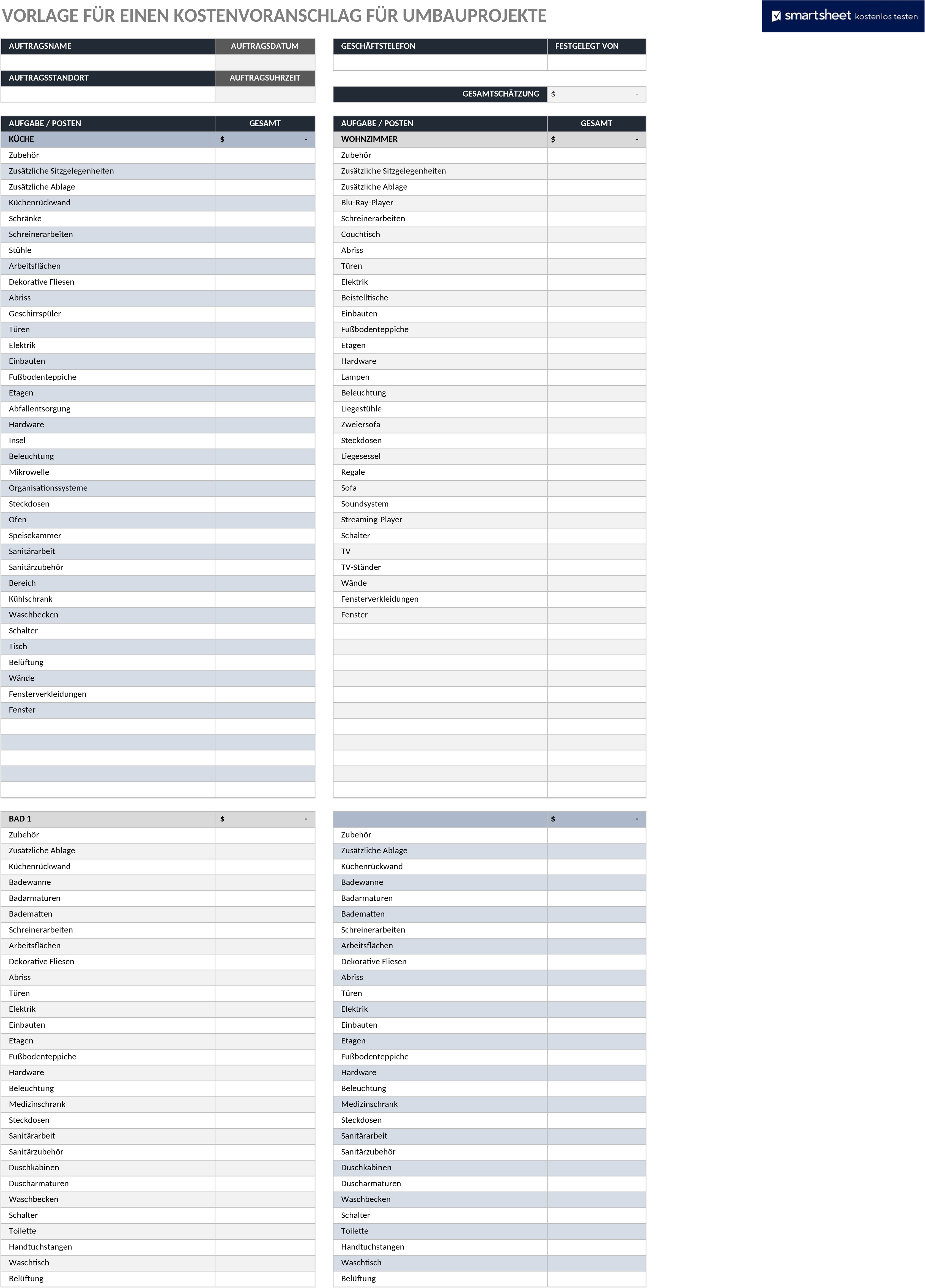 Excel-Vorlage für Umbaubudgetplanung