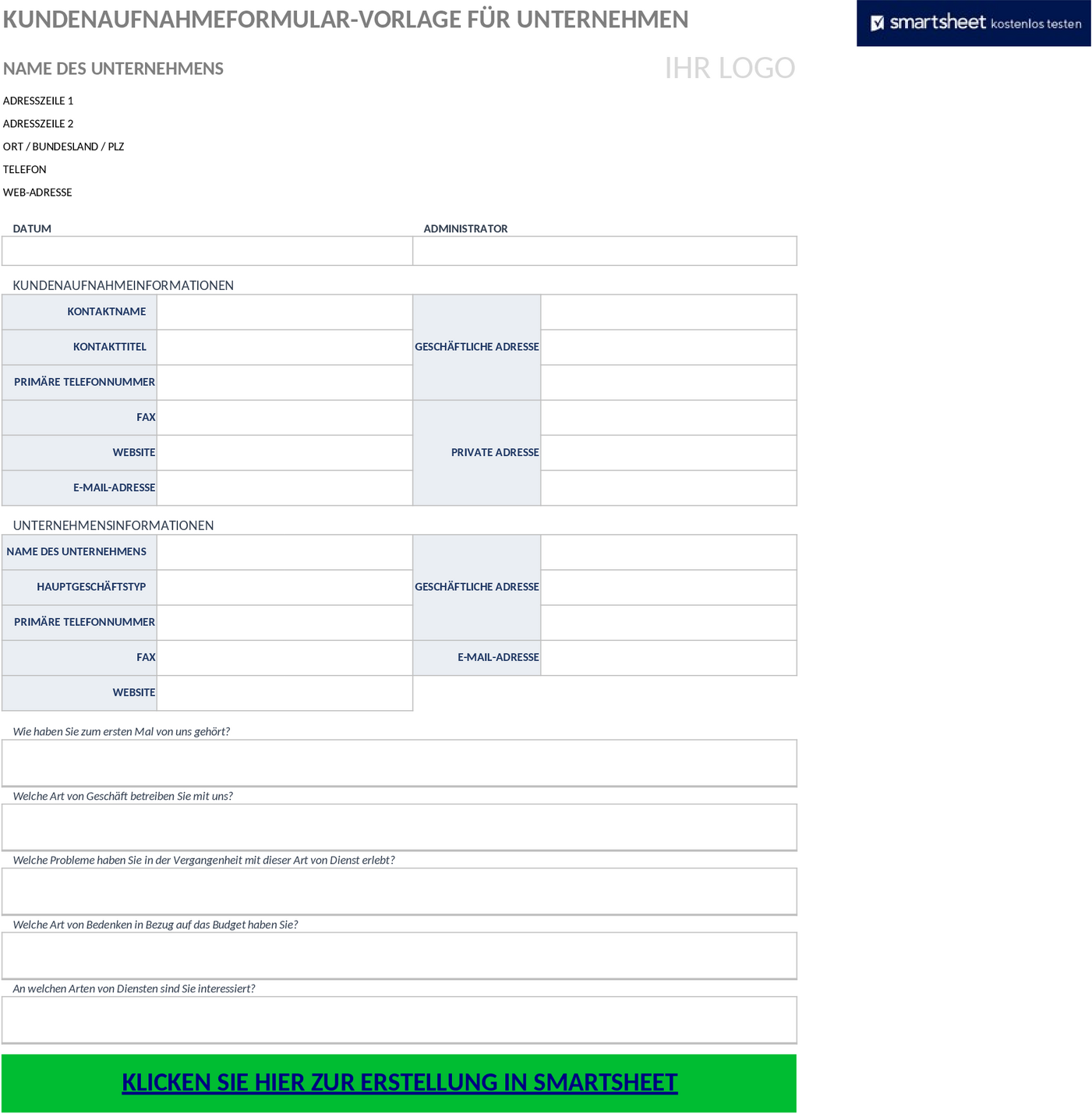 Excel-Vorlage für Unternehmens-Kundenaufnahmeformular