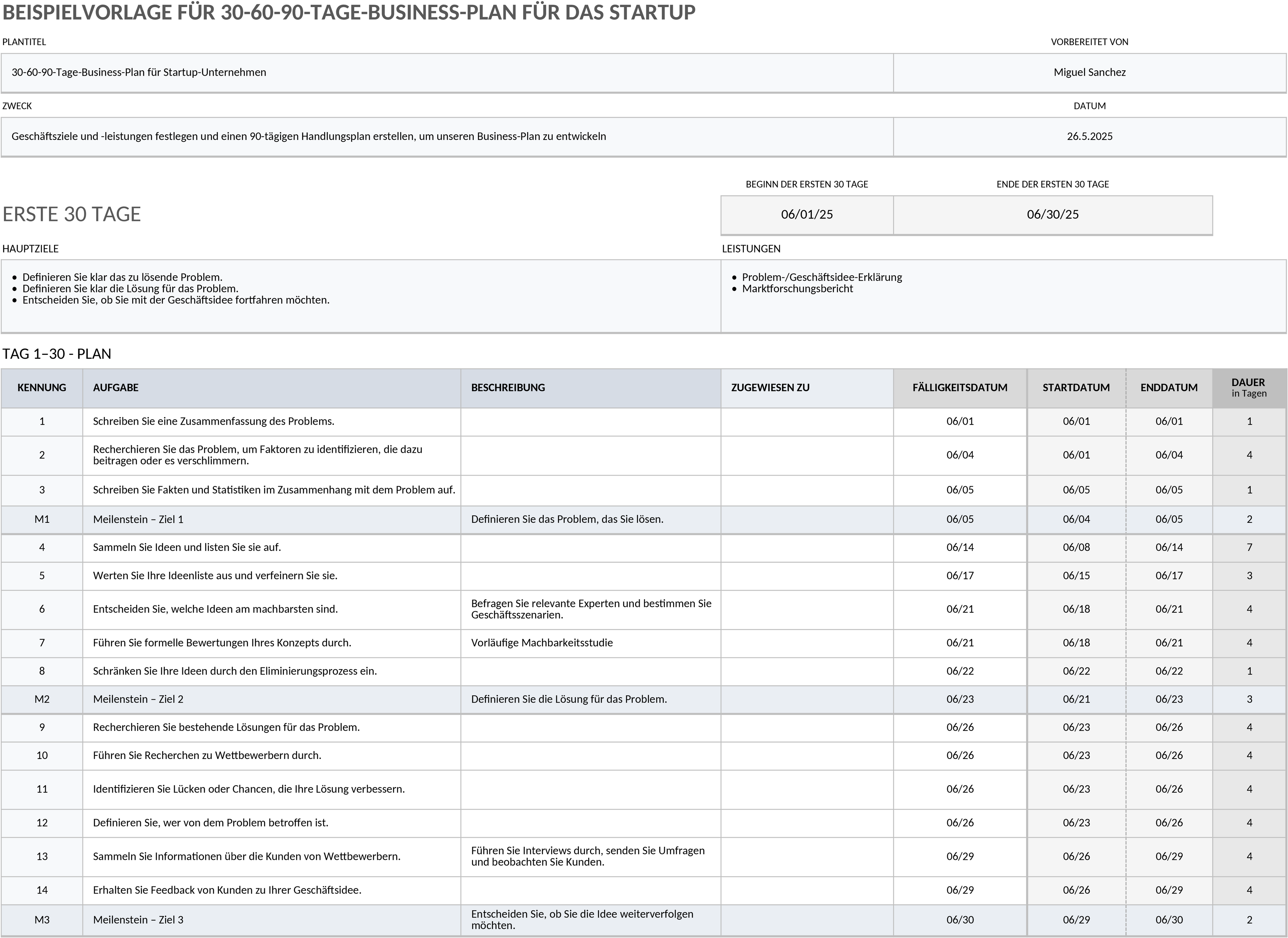 Excel-Vorlage für einen 30-60-90-Tage-Geschäftsplan für Startups