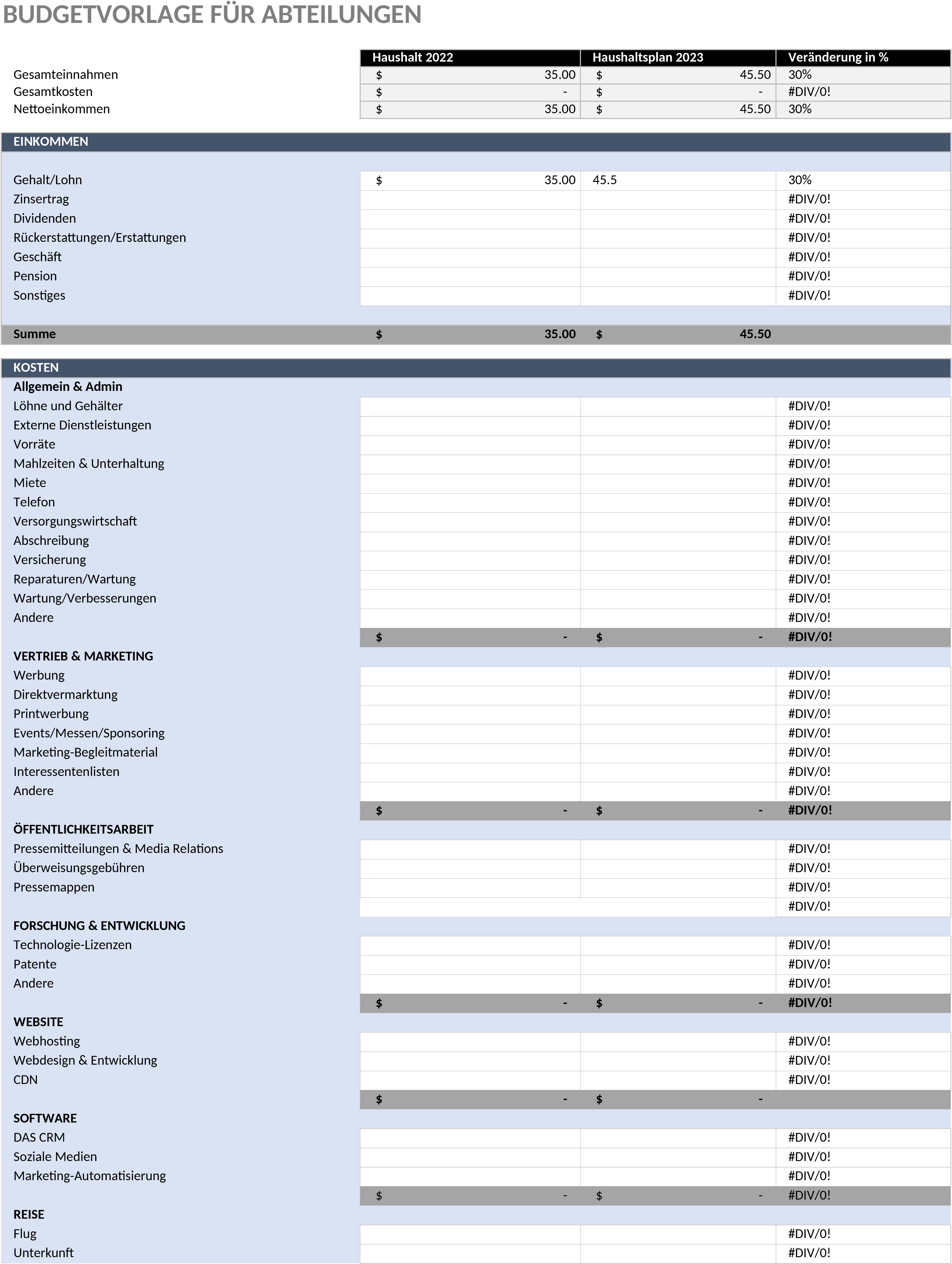 Excel-Vorlage für Abteilungsbudgetierung und -planung