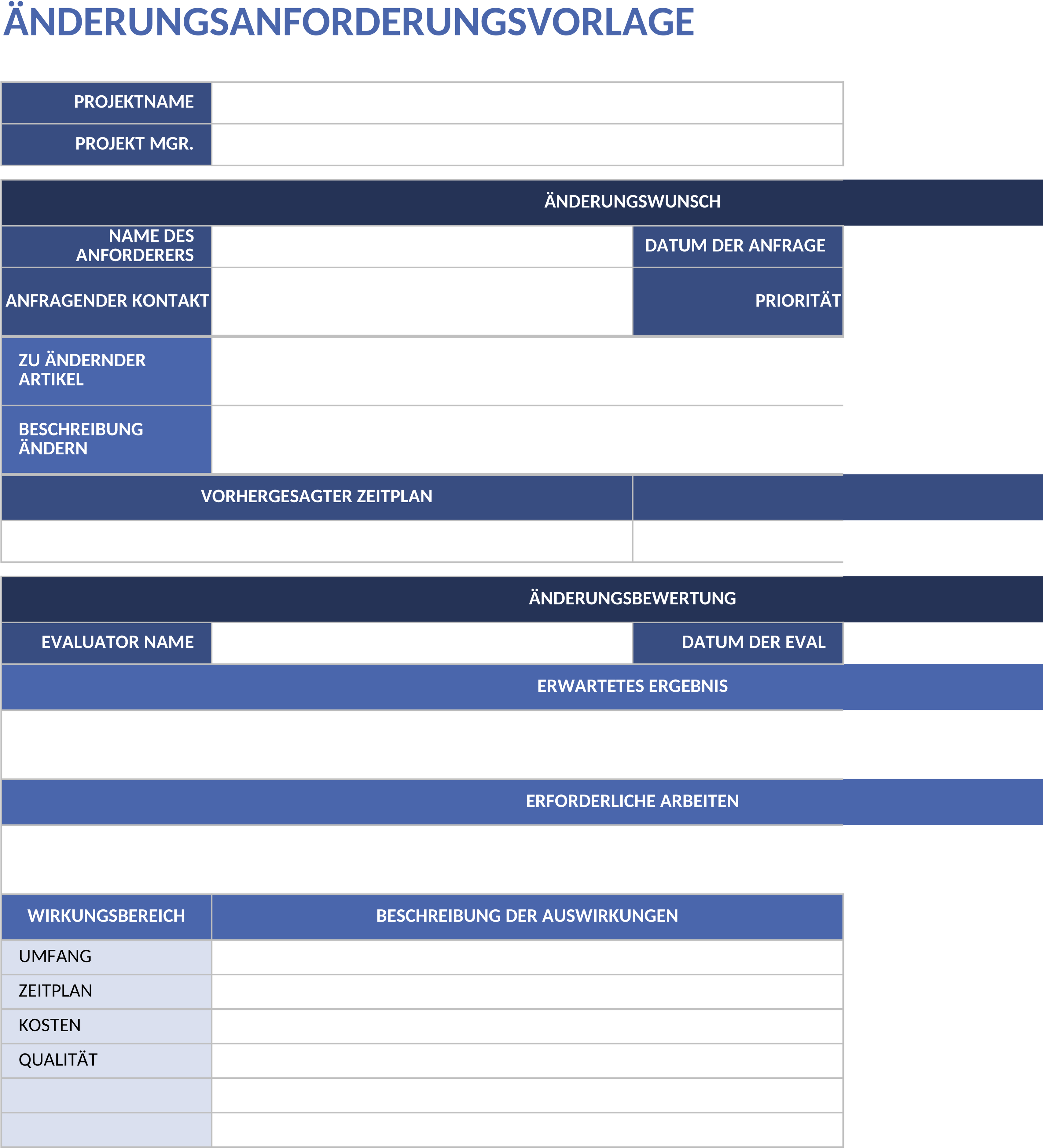 Excel-Vorlage für Änderungsanforderungen im Projektmanagement
