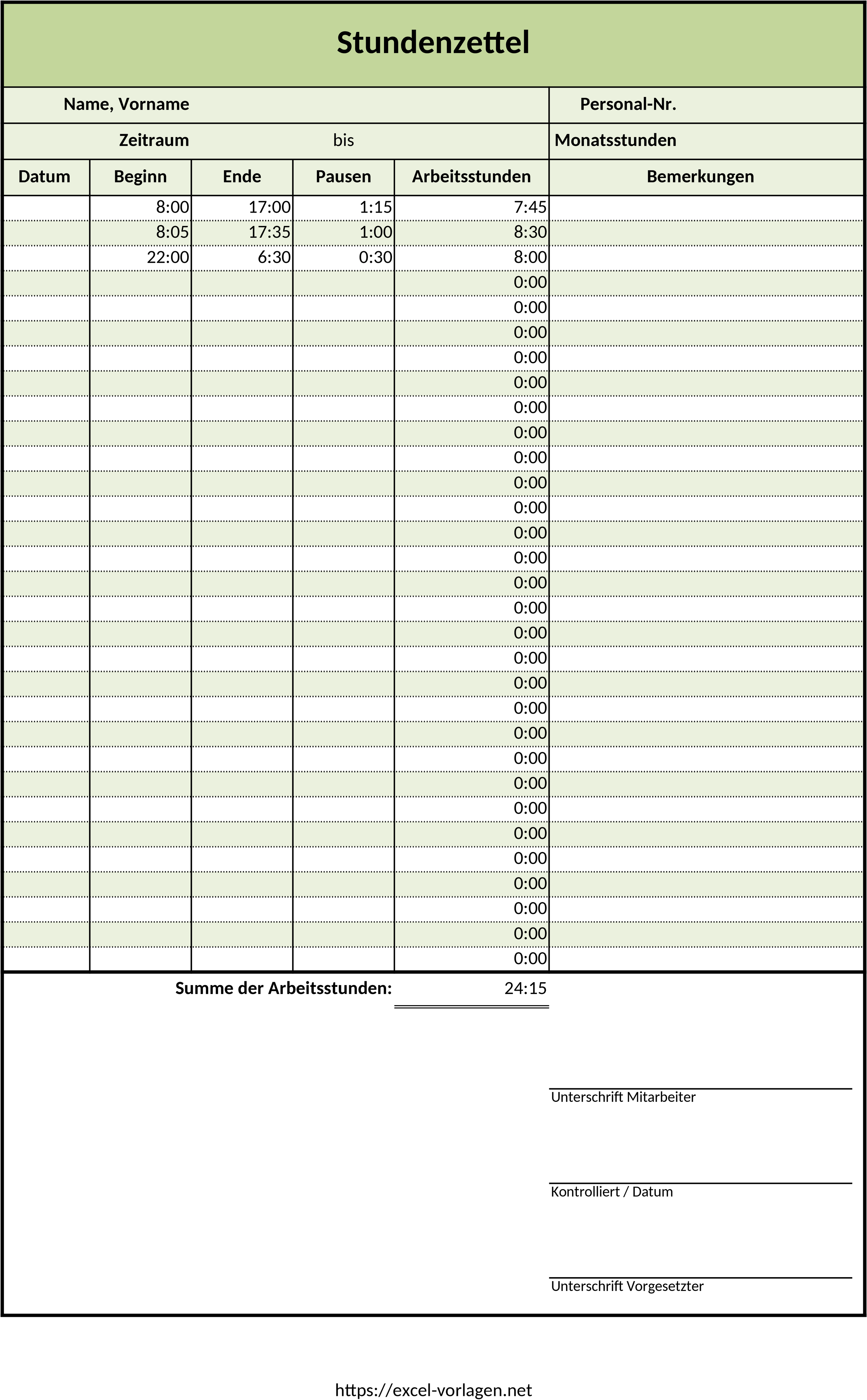 Excel-Vorlage für Arbeitszeittabellen