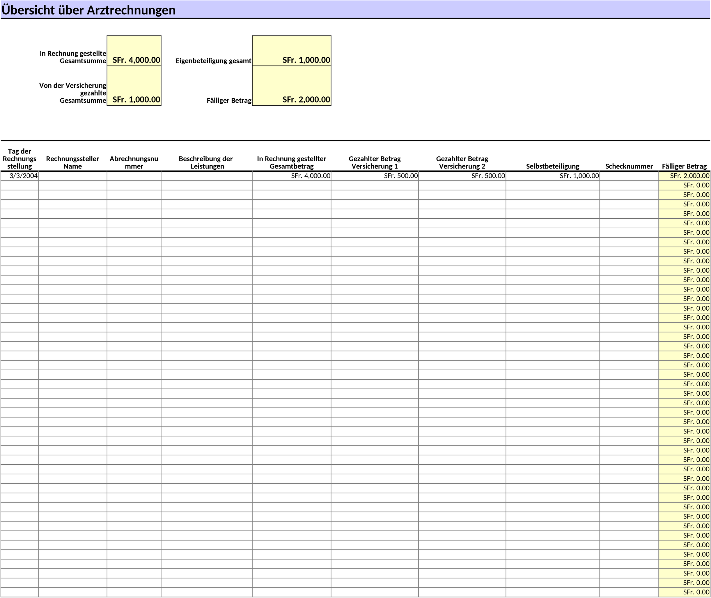 Excel-Vorlage für Arztrechnungsübersicht