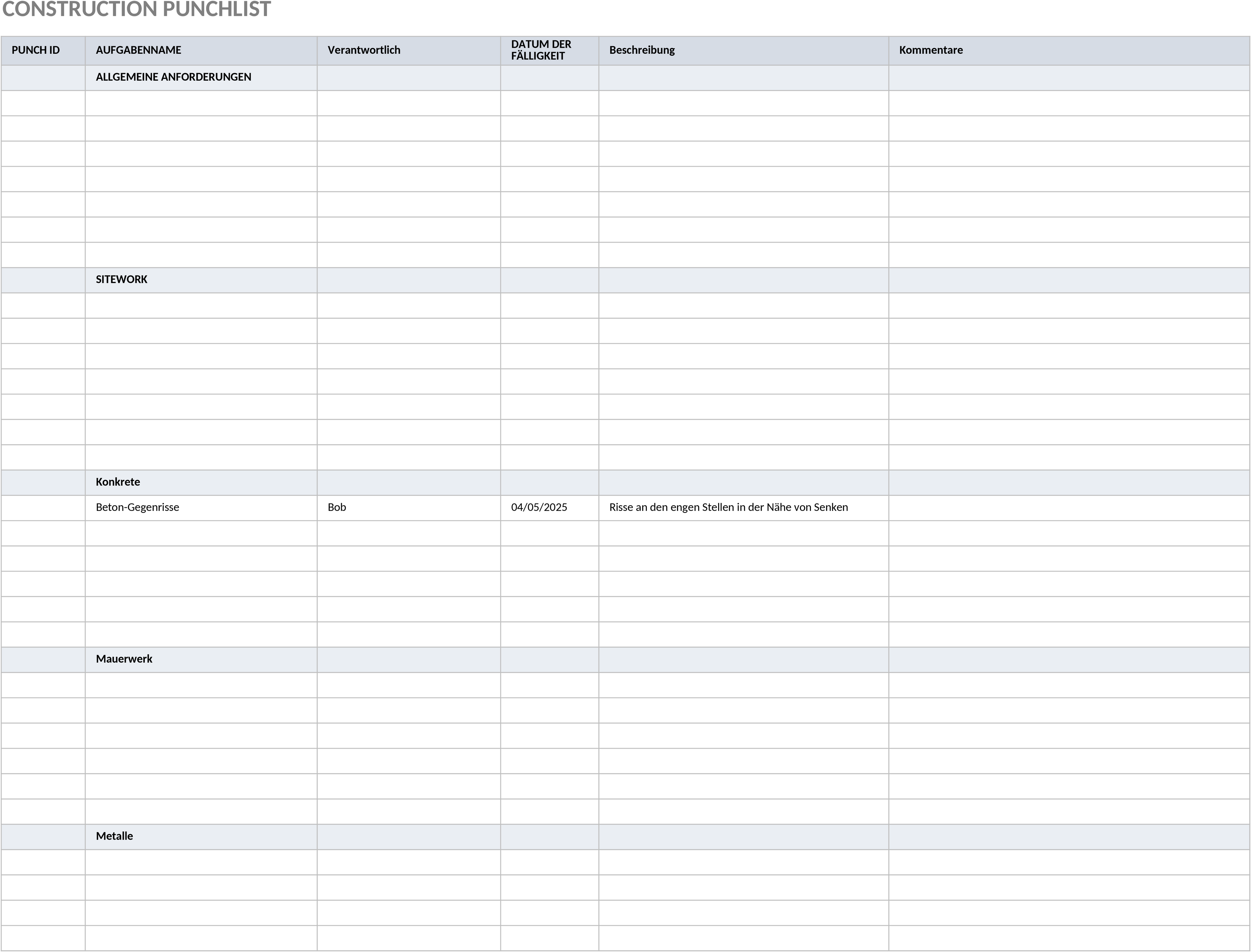 Excel-Vorlage Bauprojekt-Mängelliste