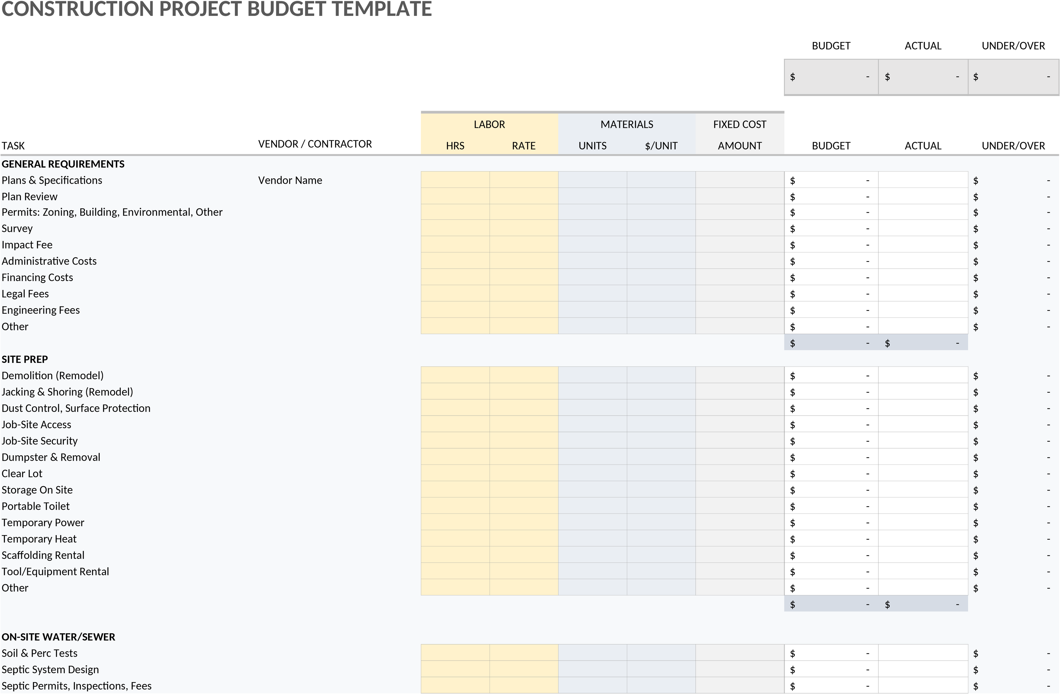 Excel-Vorlage für Bauprojektbudgetierung