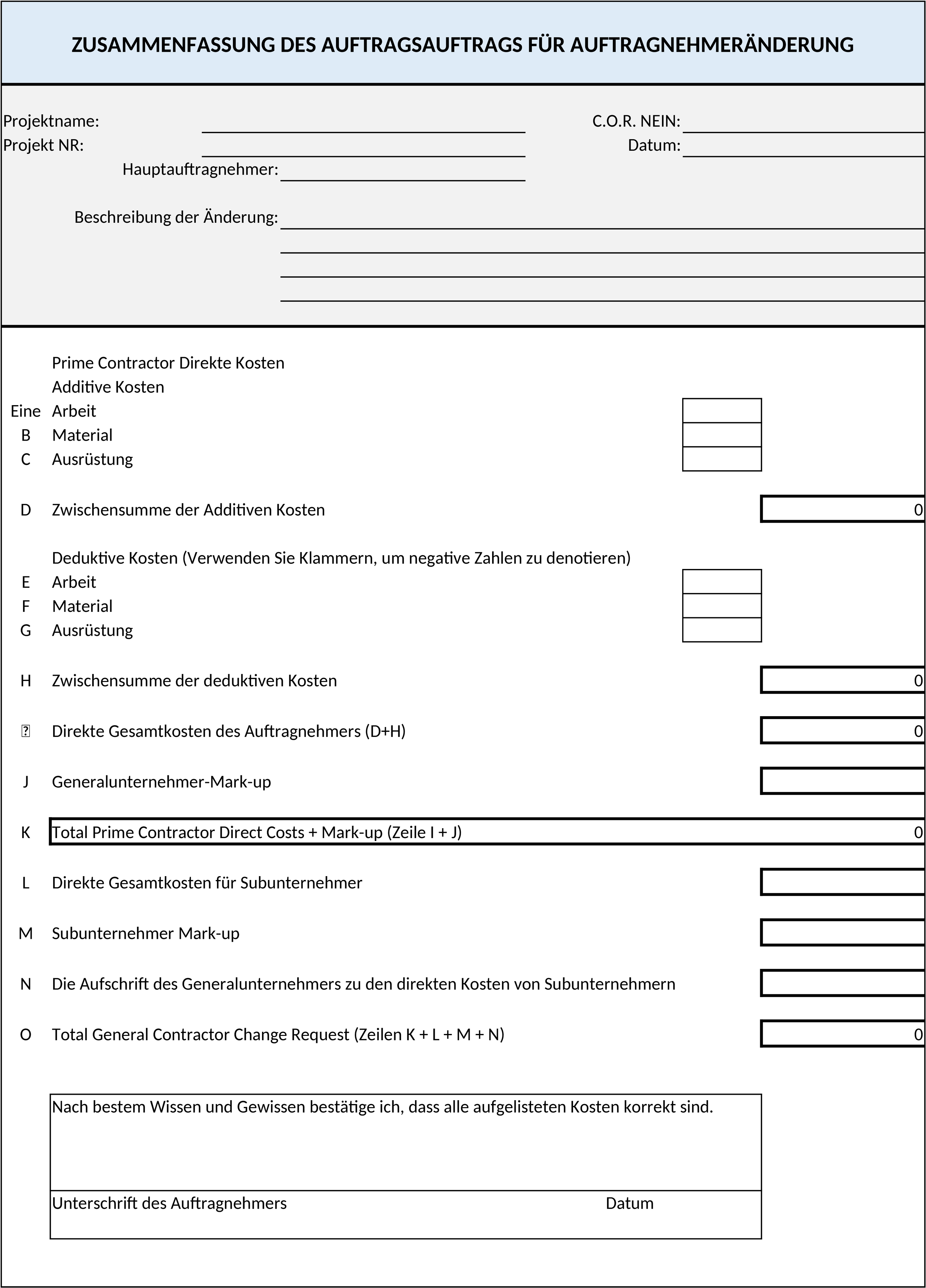 Excel-Vorlage für Bauprojektmanagement Änderungsantrag Zusammenfassung