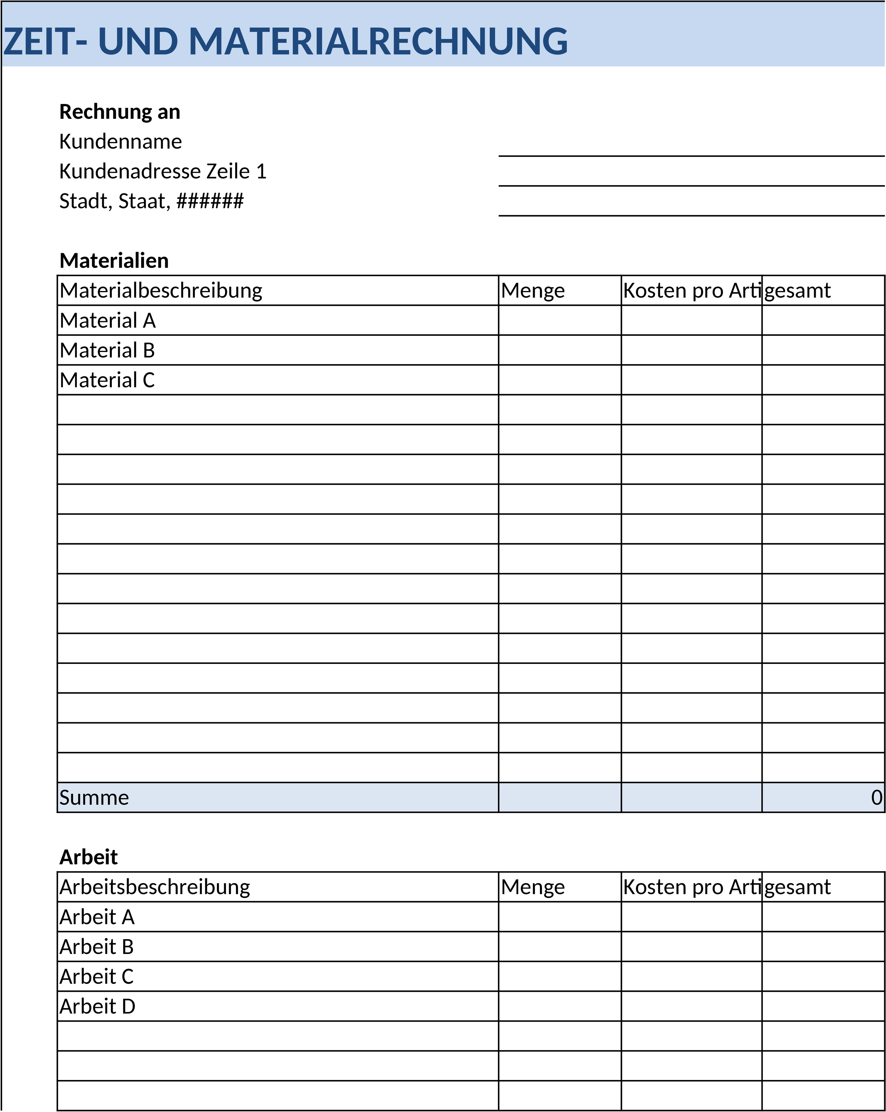 Excel-Vorlage für Bauprojektmanagement: Zeit- und Materialrechnung