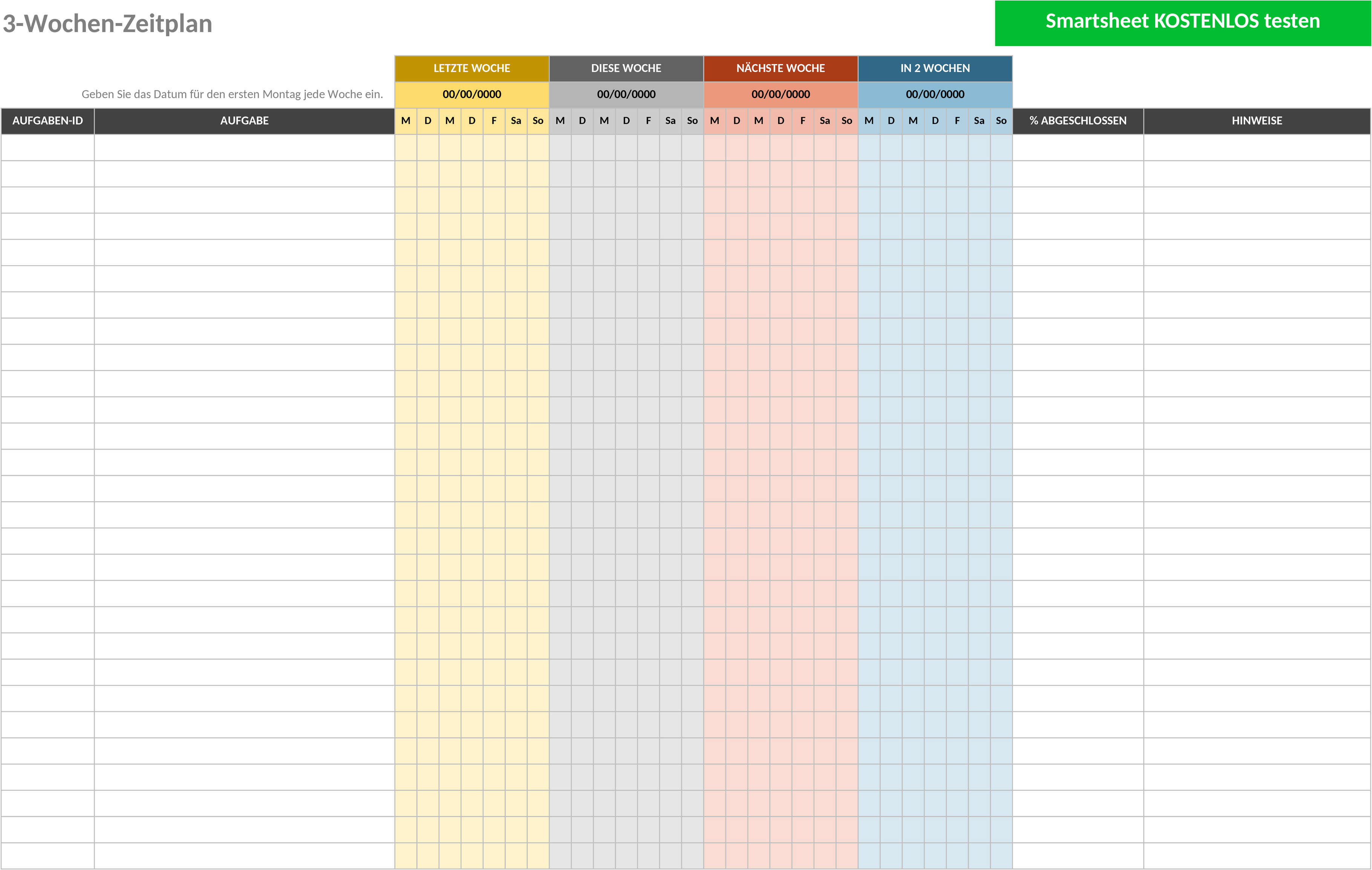 Excel-Vorlage für Bauprojektplanung: 3-Wochen-Übersicht