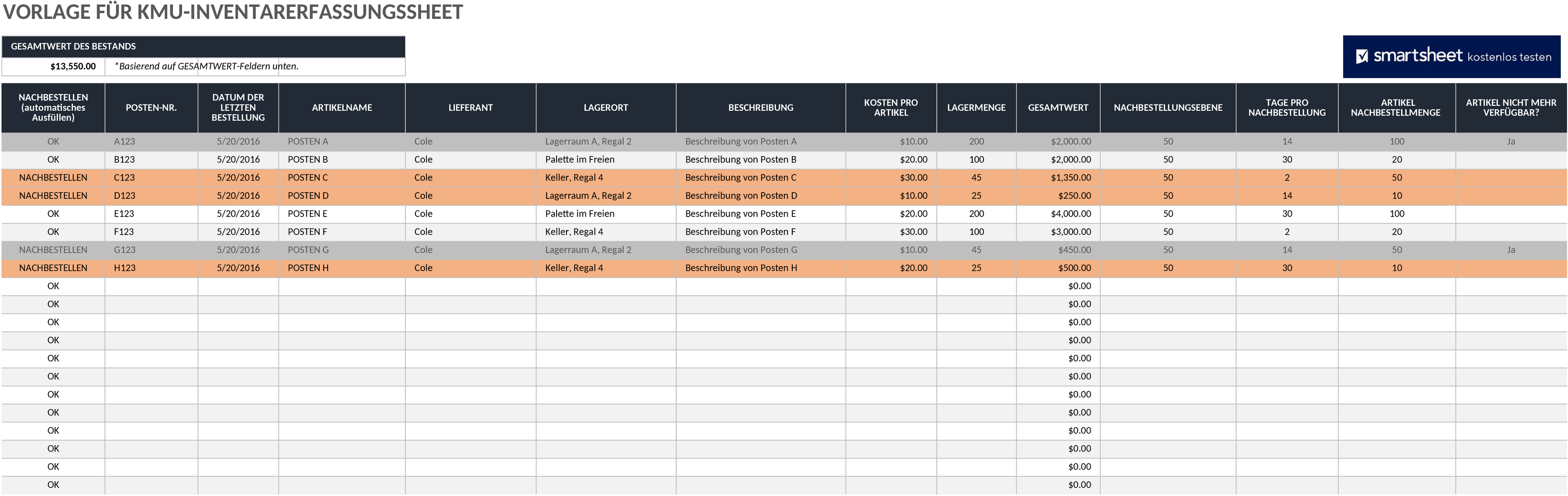 Excel-Vorlage für Bestandslisten im Kleinunternehmen