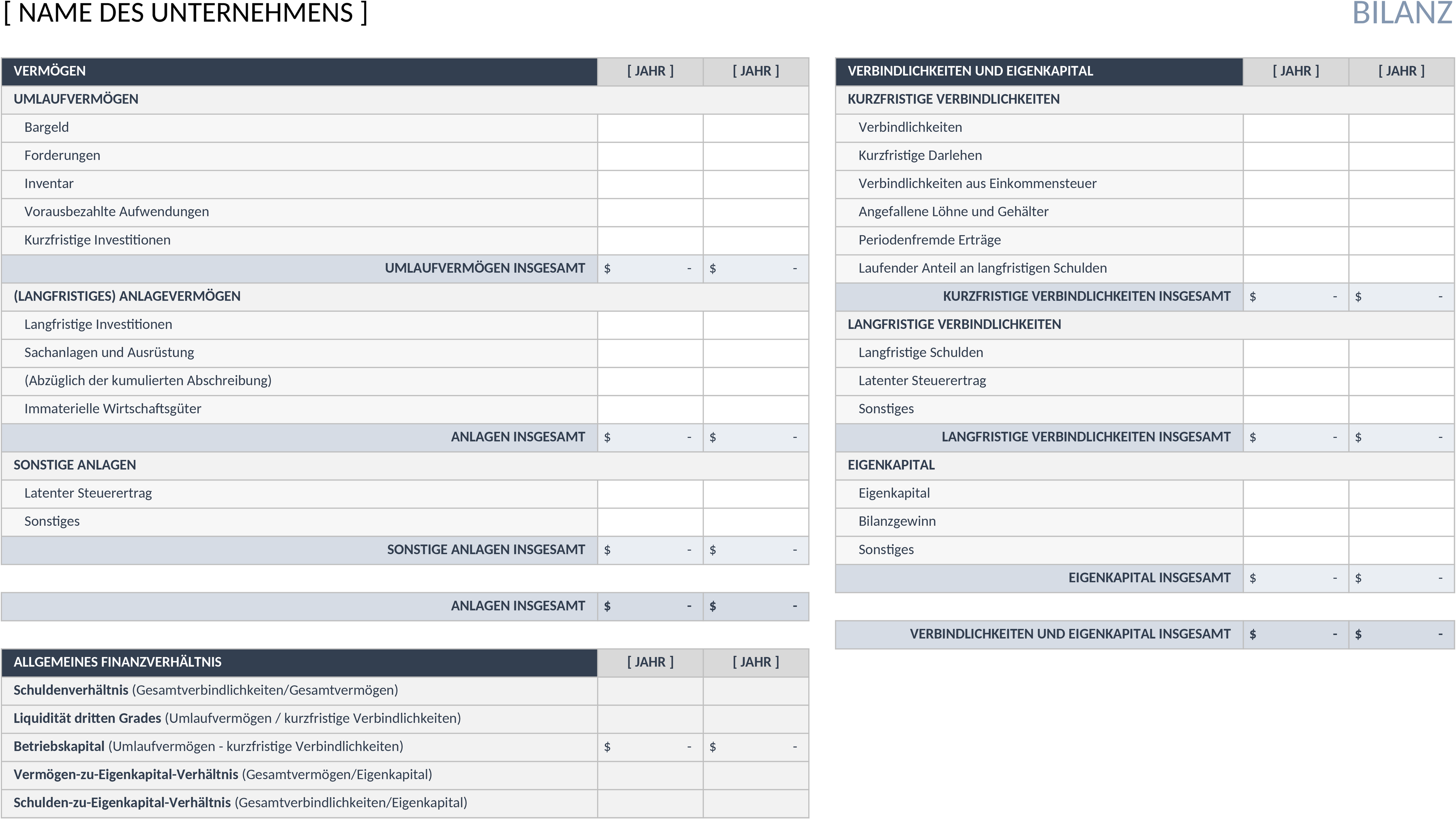 Excel-Vorlage für Bilanzanalyse im Unternehmen