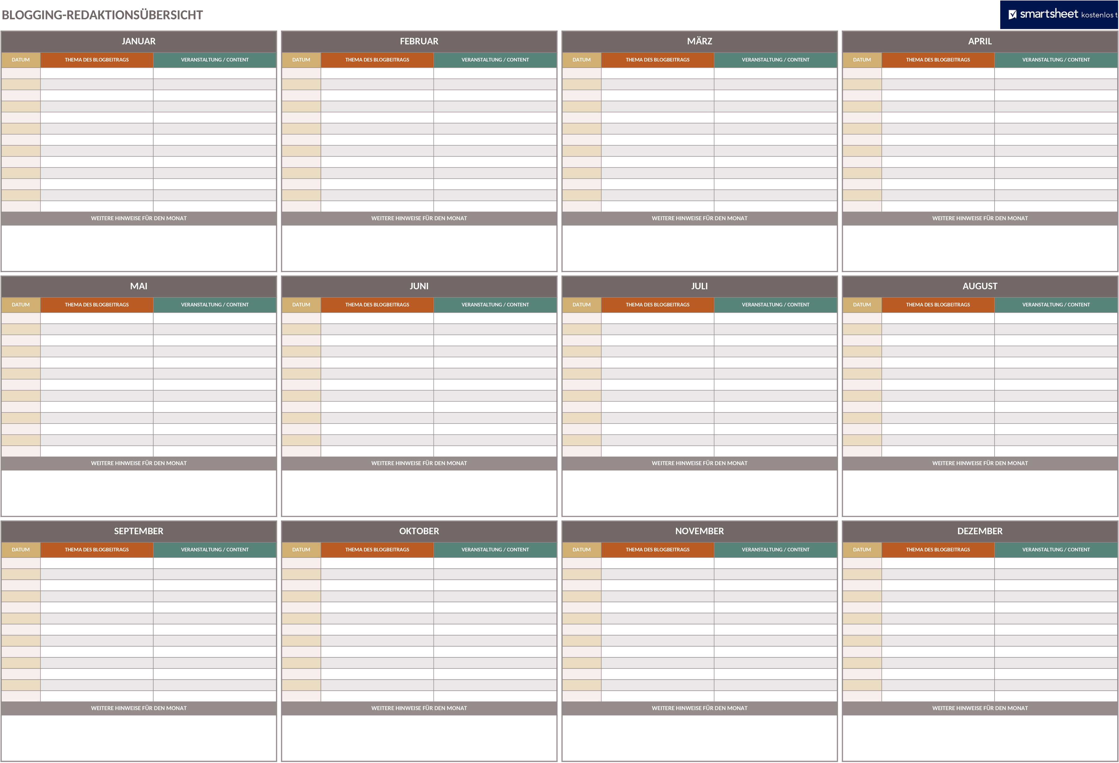 Excel-Vorlage für Blog-Redaktionskalender