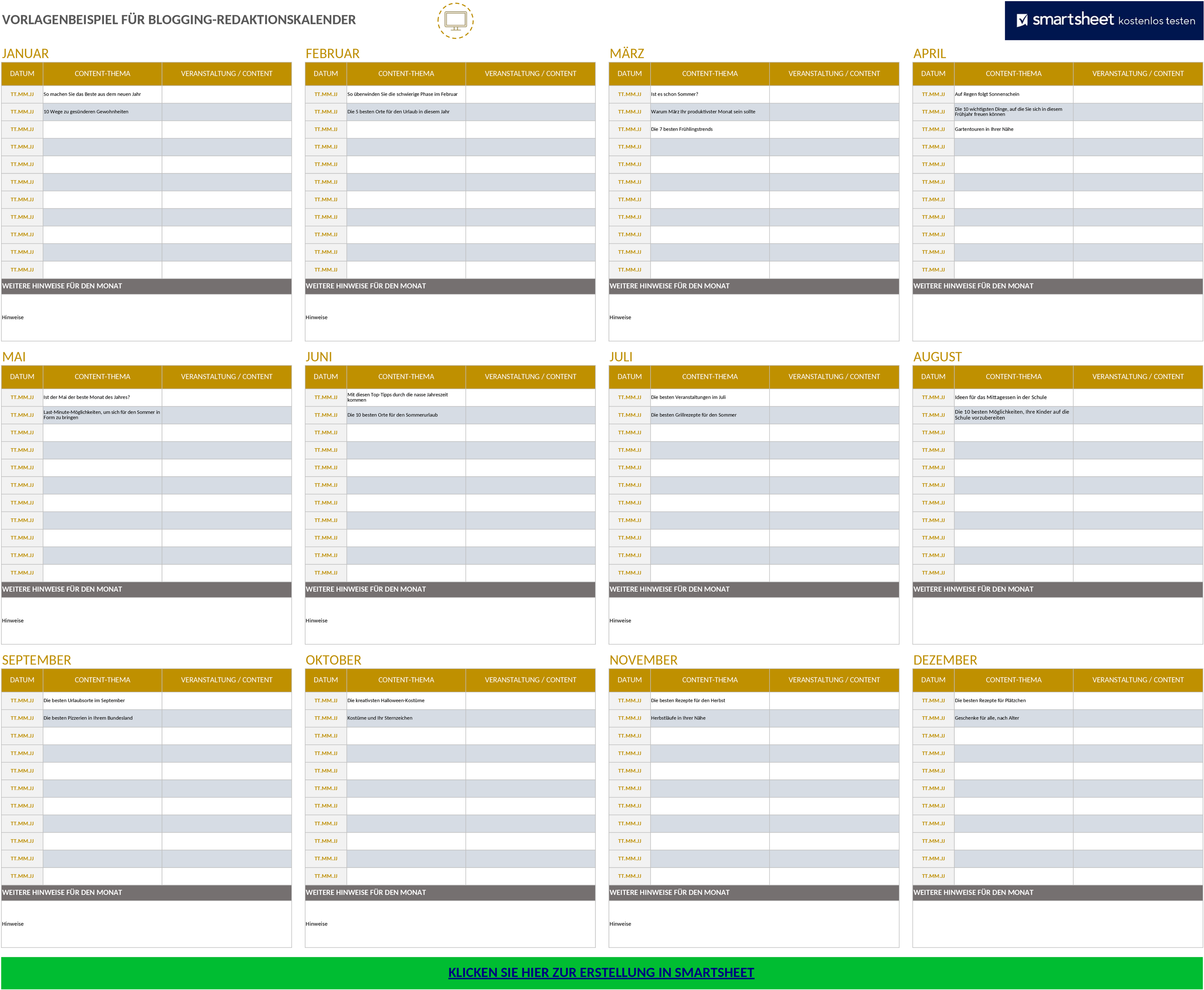 Excel-Vorlage für Blogging-Redaktionskalender