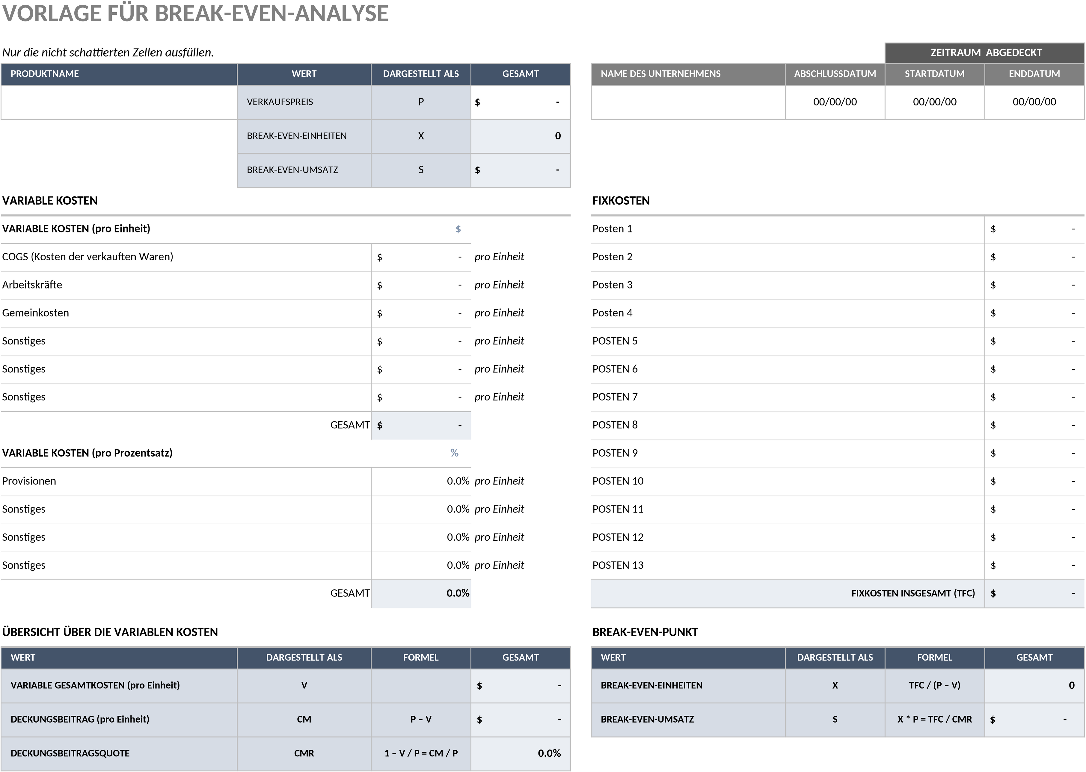 Excel-Vorlage für Break-Even-Analyse zur Unternehmensplanung