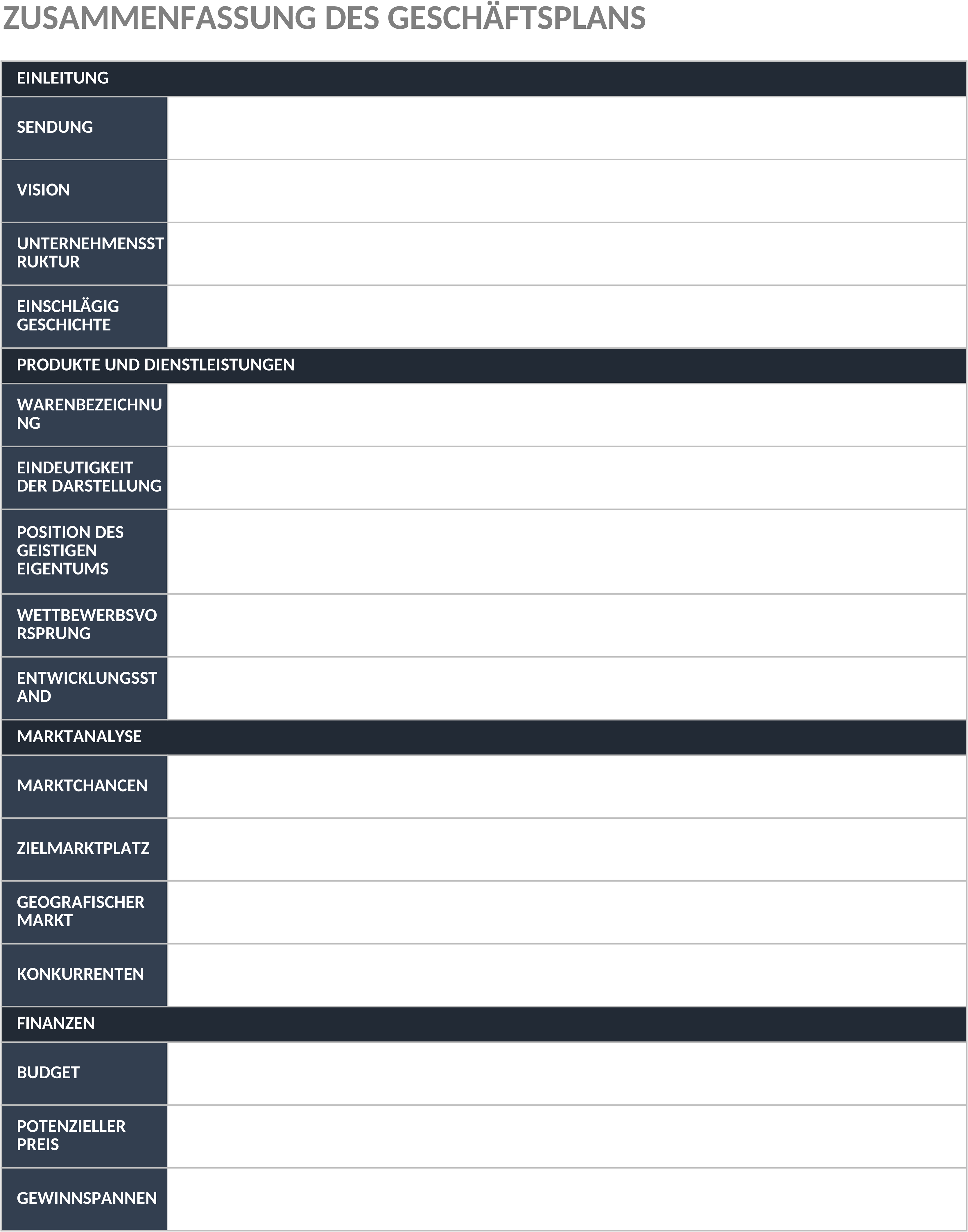 Excel-Vorlage für Business-Plan Executive Summary