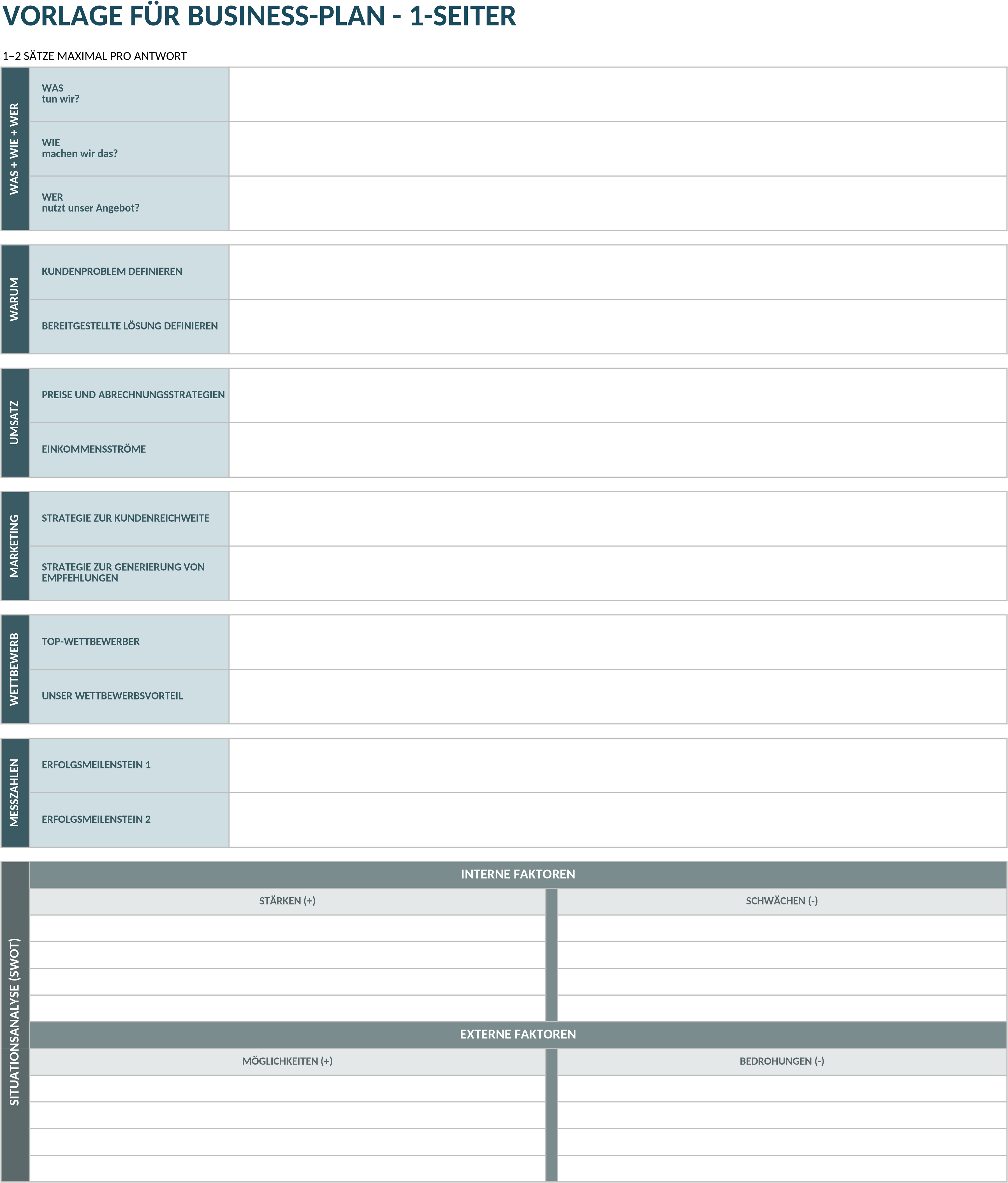 Excel-Vorlage für Einseitigen Geschäftsplan