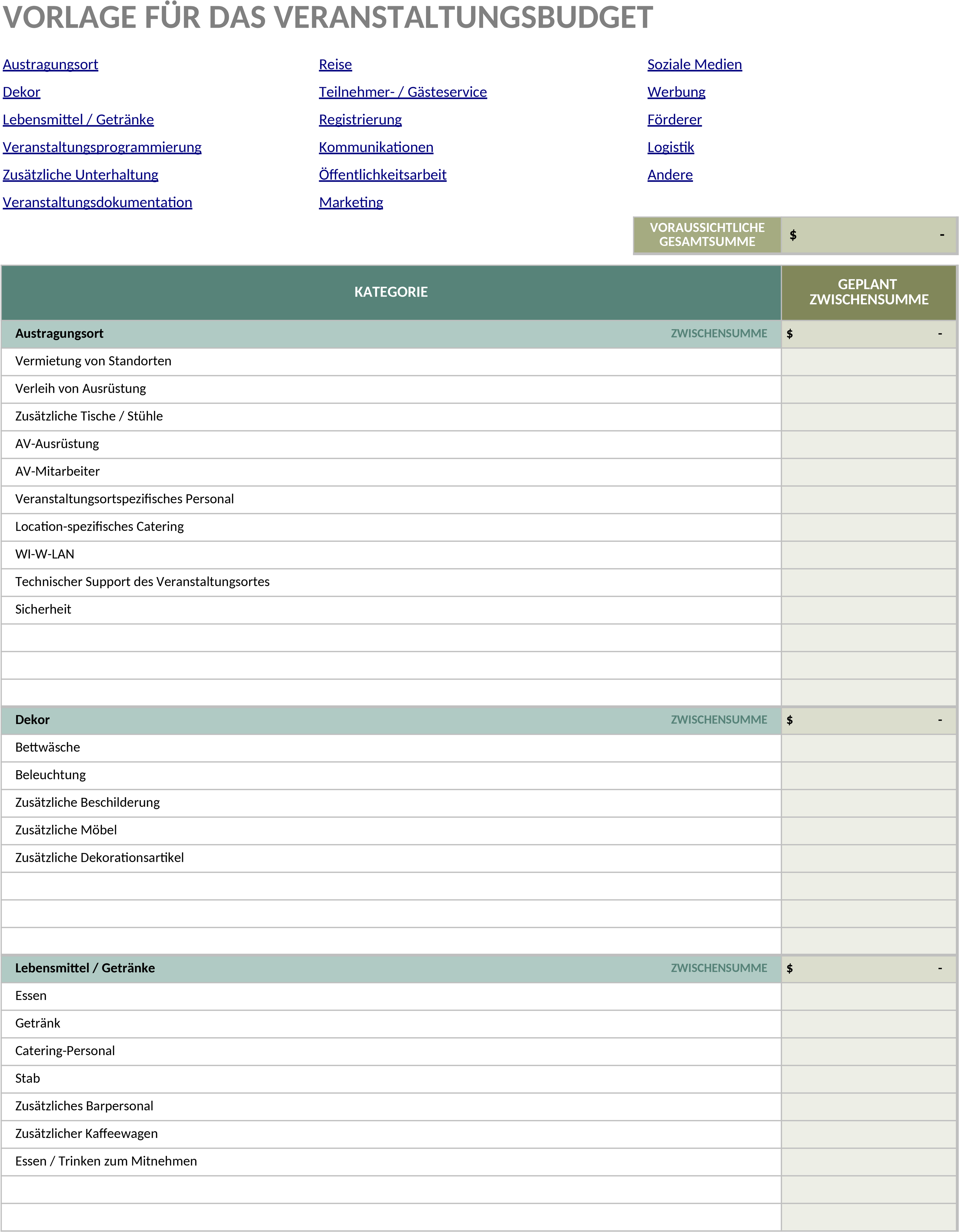 Excel-Vorlage für Event-Budgetplanung