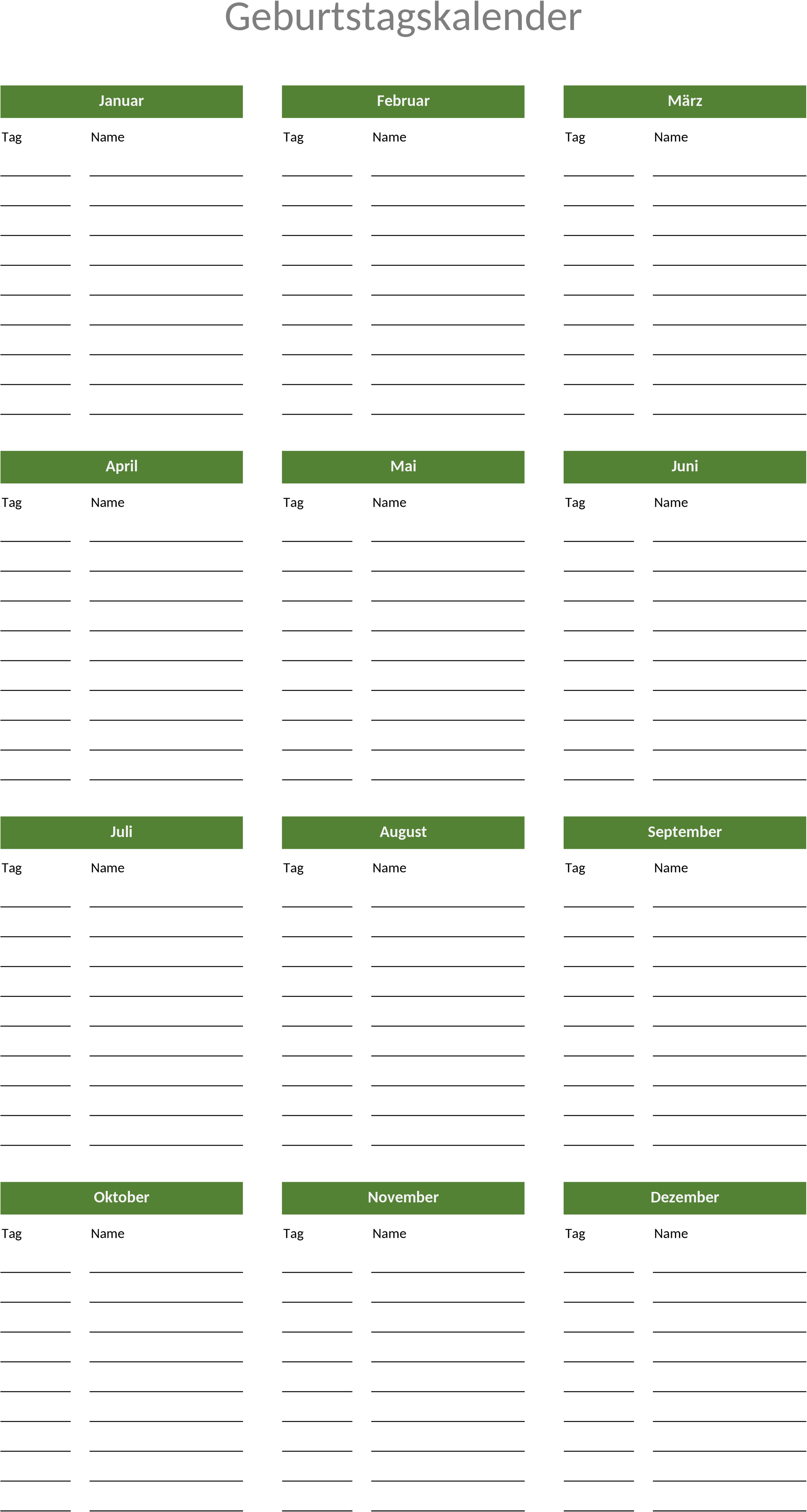 Excel-Vorlage Geburtstagskalender Hochformat