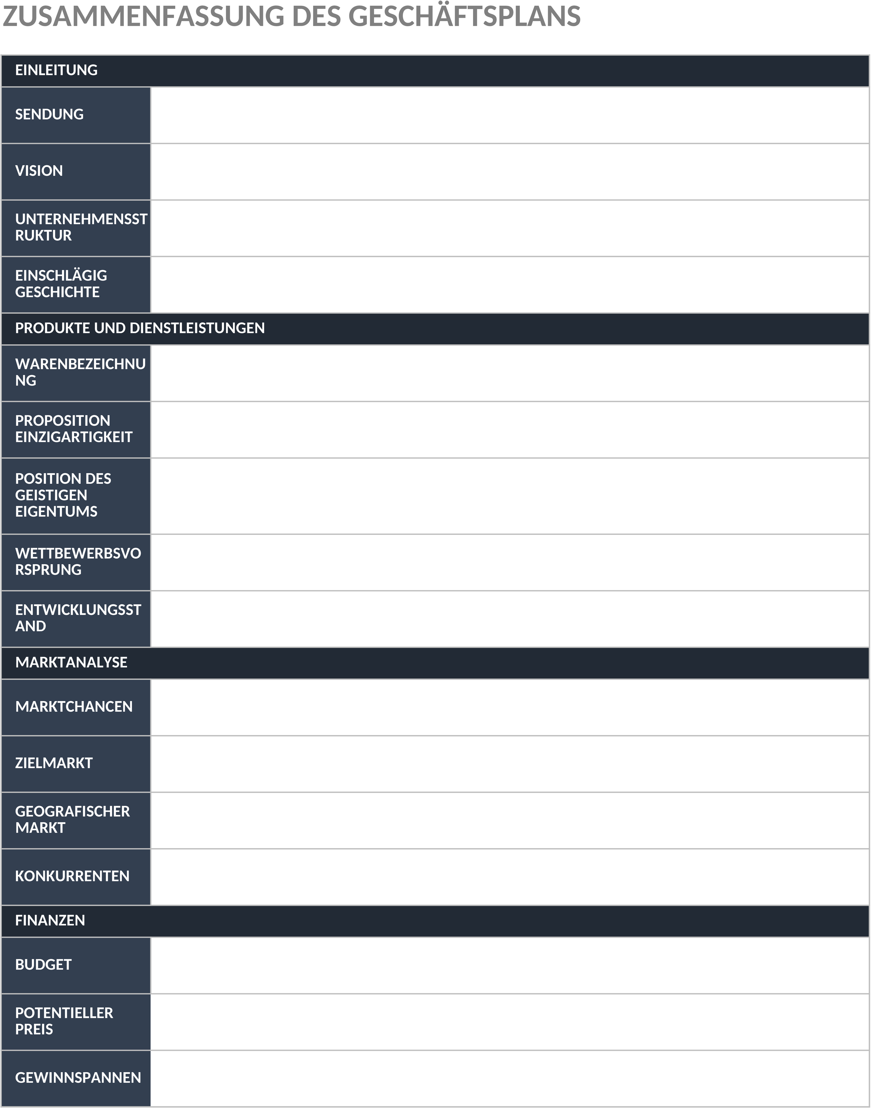 Excel-Vorlage für Geschäftspläne: Executive Summary