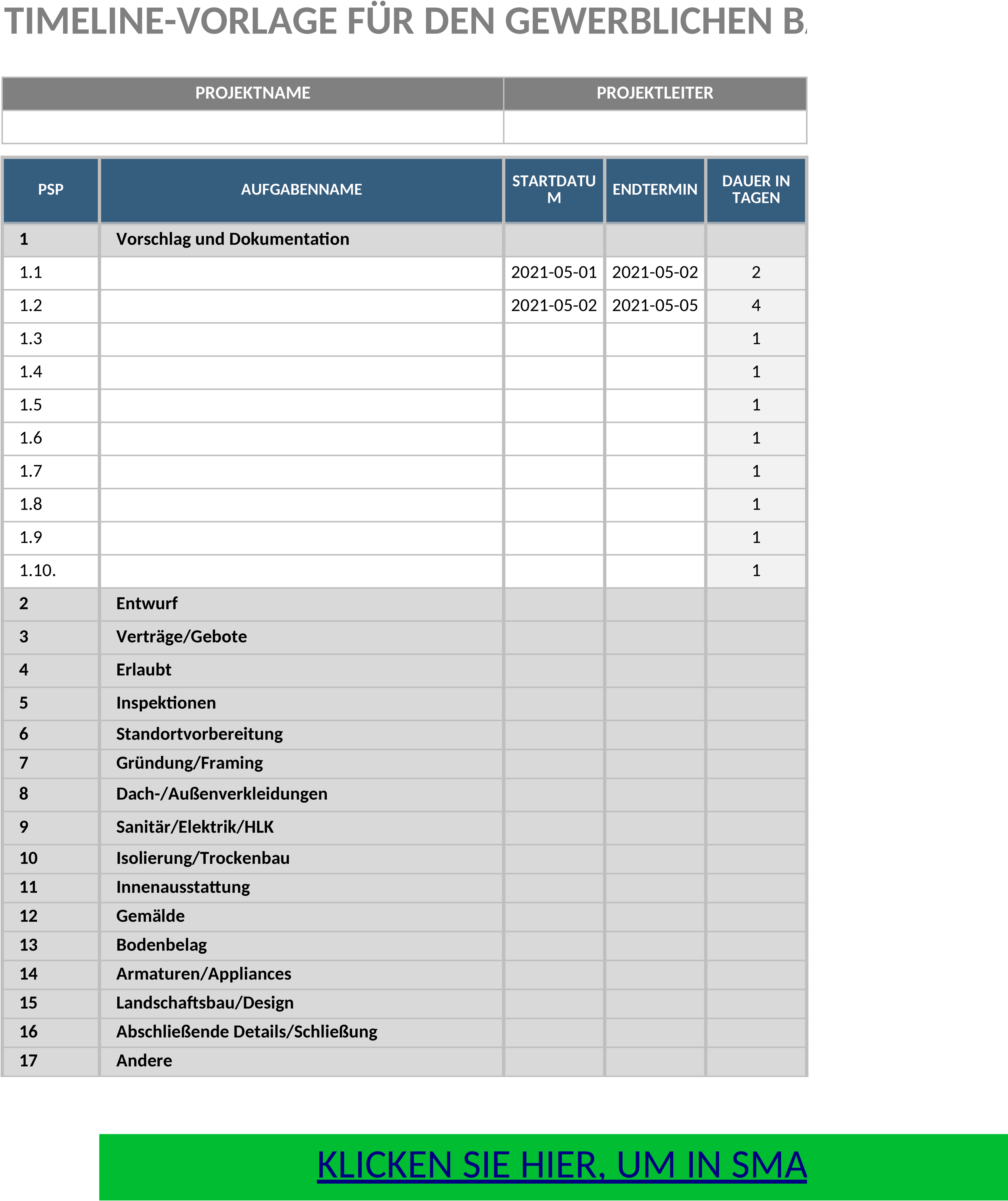 Excel-Vorlage für Gewerbebau-Zeitplan