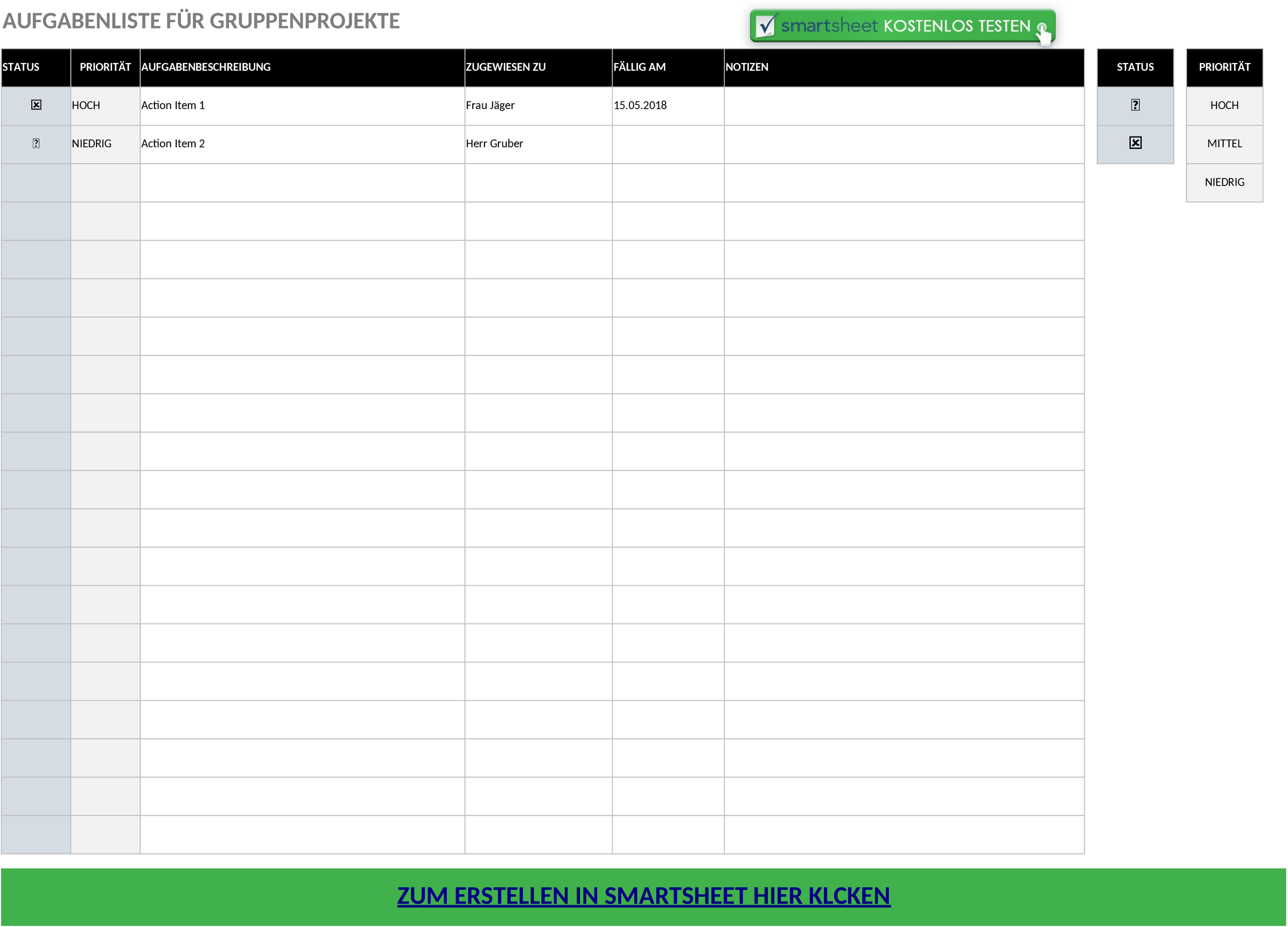 Excel-Vorlage für Gruppenprojekt-Aufgabenliste