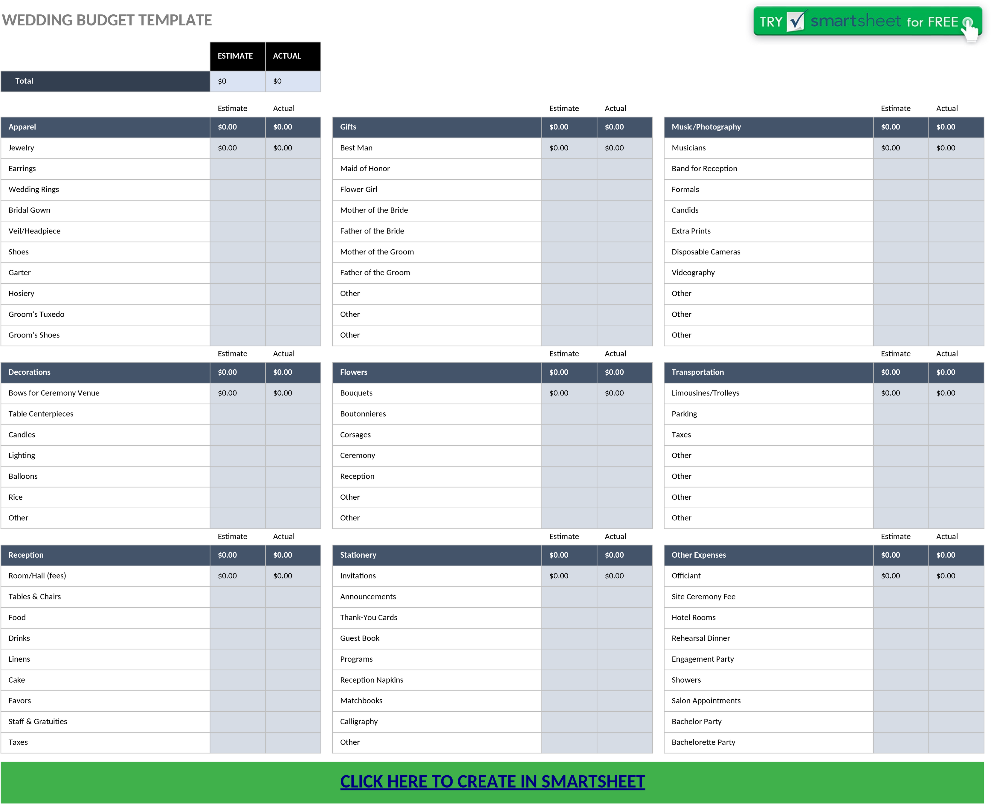Excel-Vorlage für Hochzeitsbudgetplanung