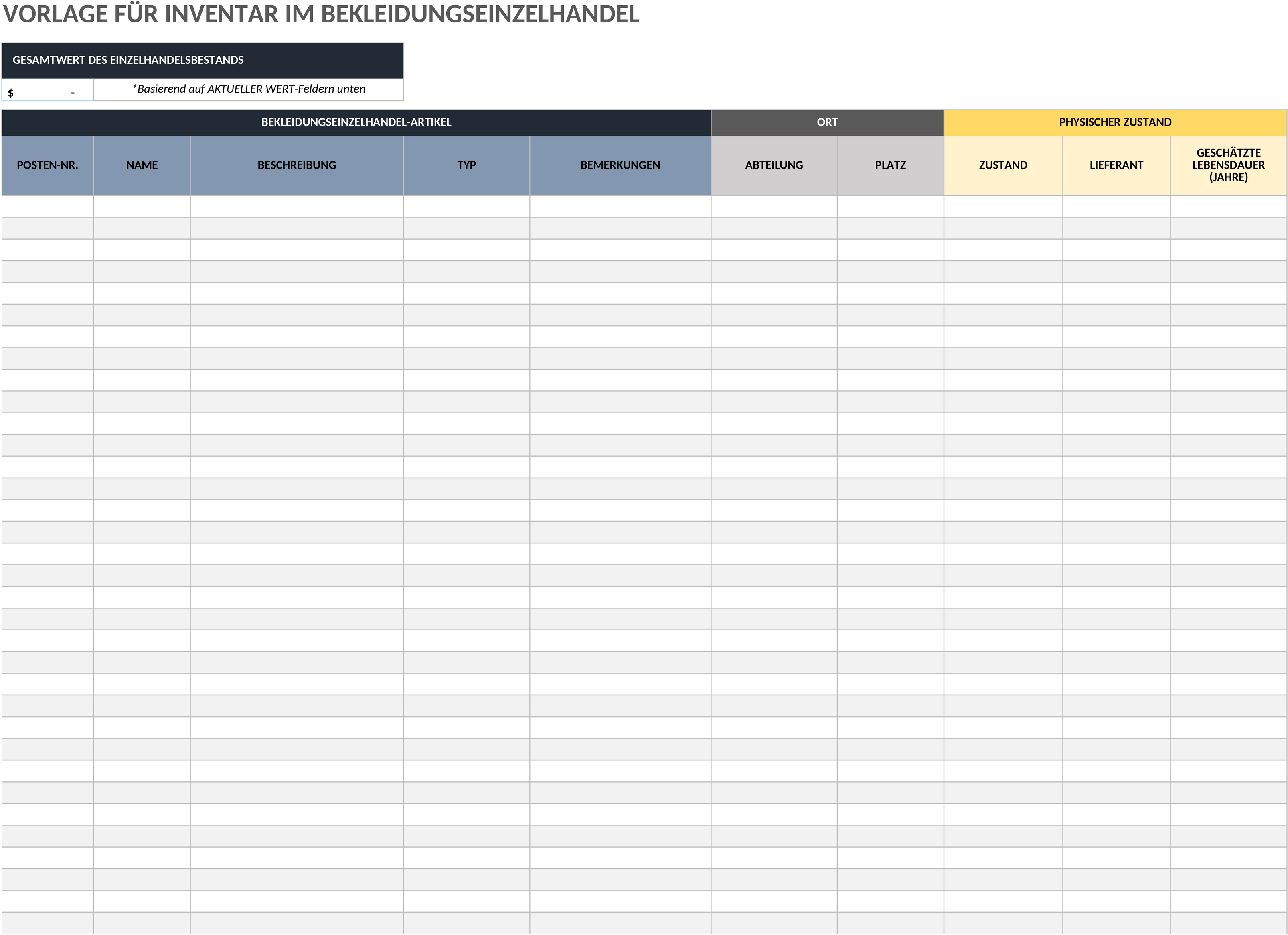 Excel-Vorlage zur Inventarverwaltung für Bekleidungsgeschäfte