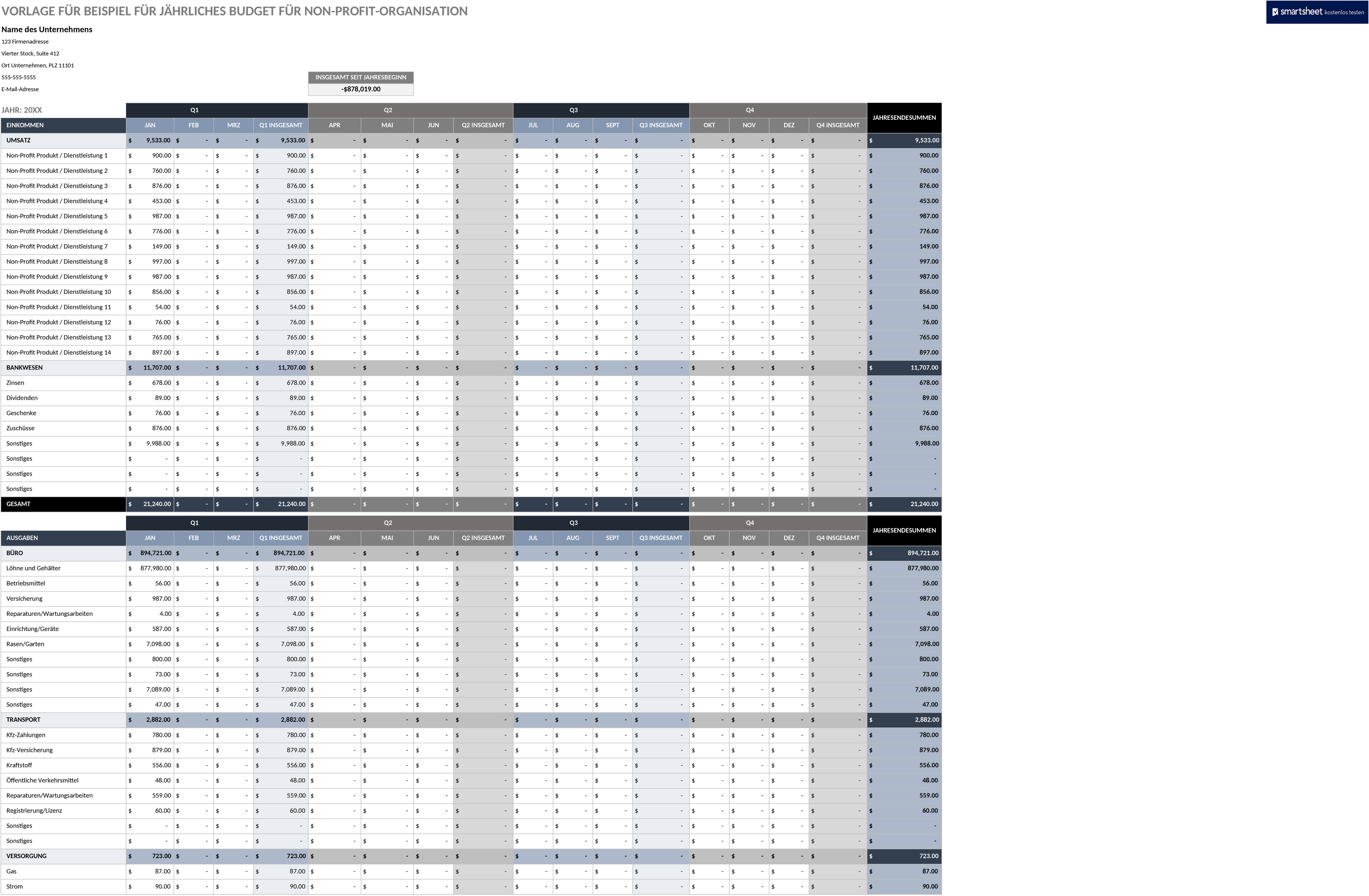 Excel-Vorlage für Jahresbudget von Non-Profit-Organisationen