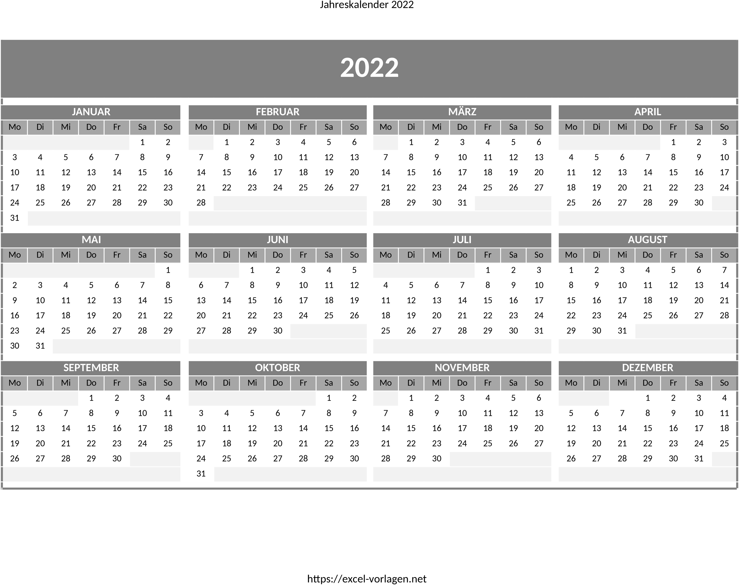 Excel-Vorlage Jahreskalender 2022