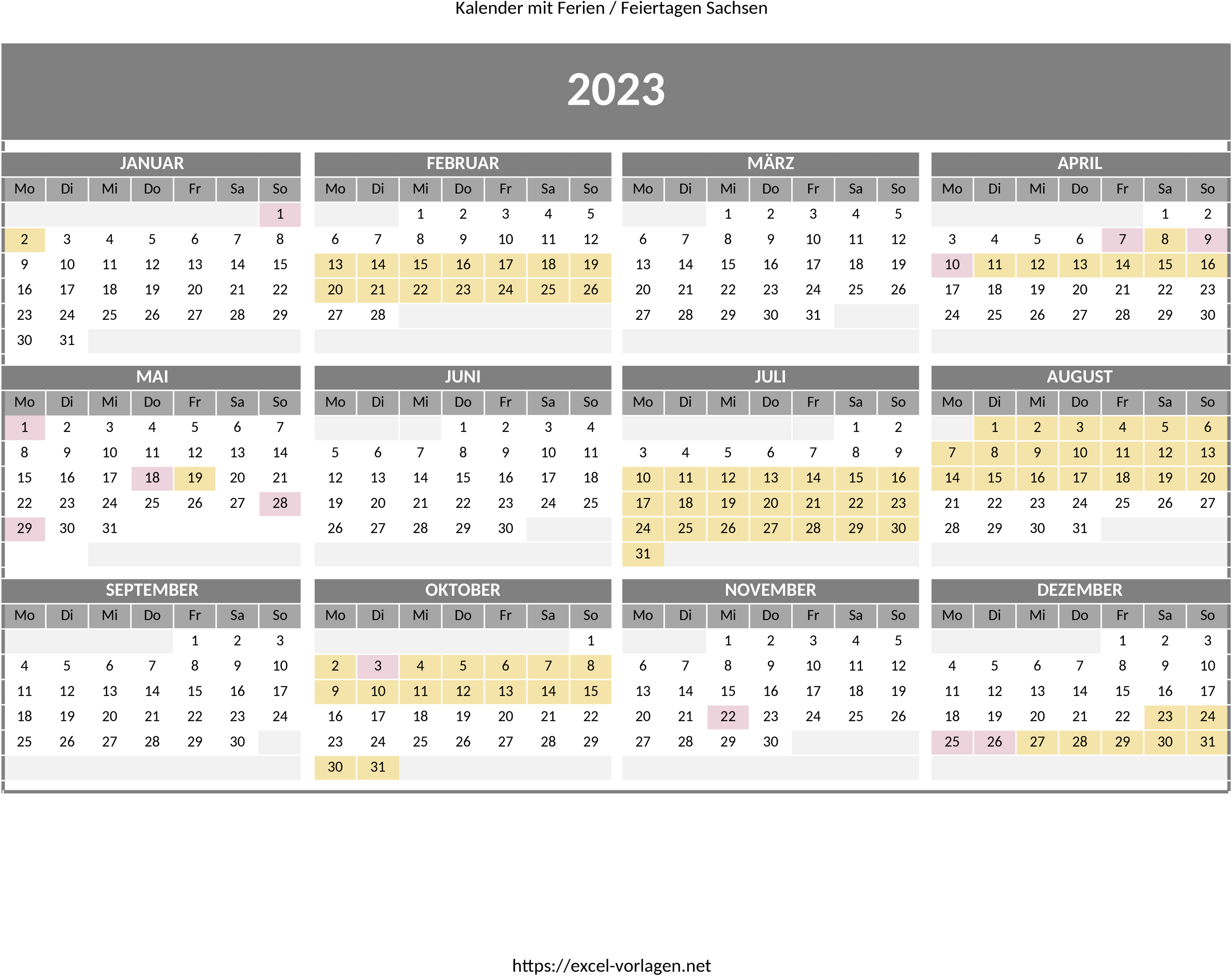 Excel-Vorlage Jahreskalender 2023 Sachsen