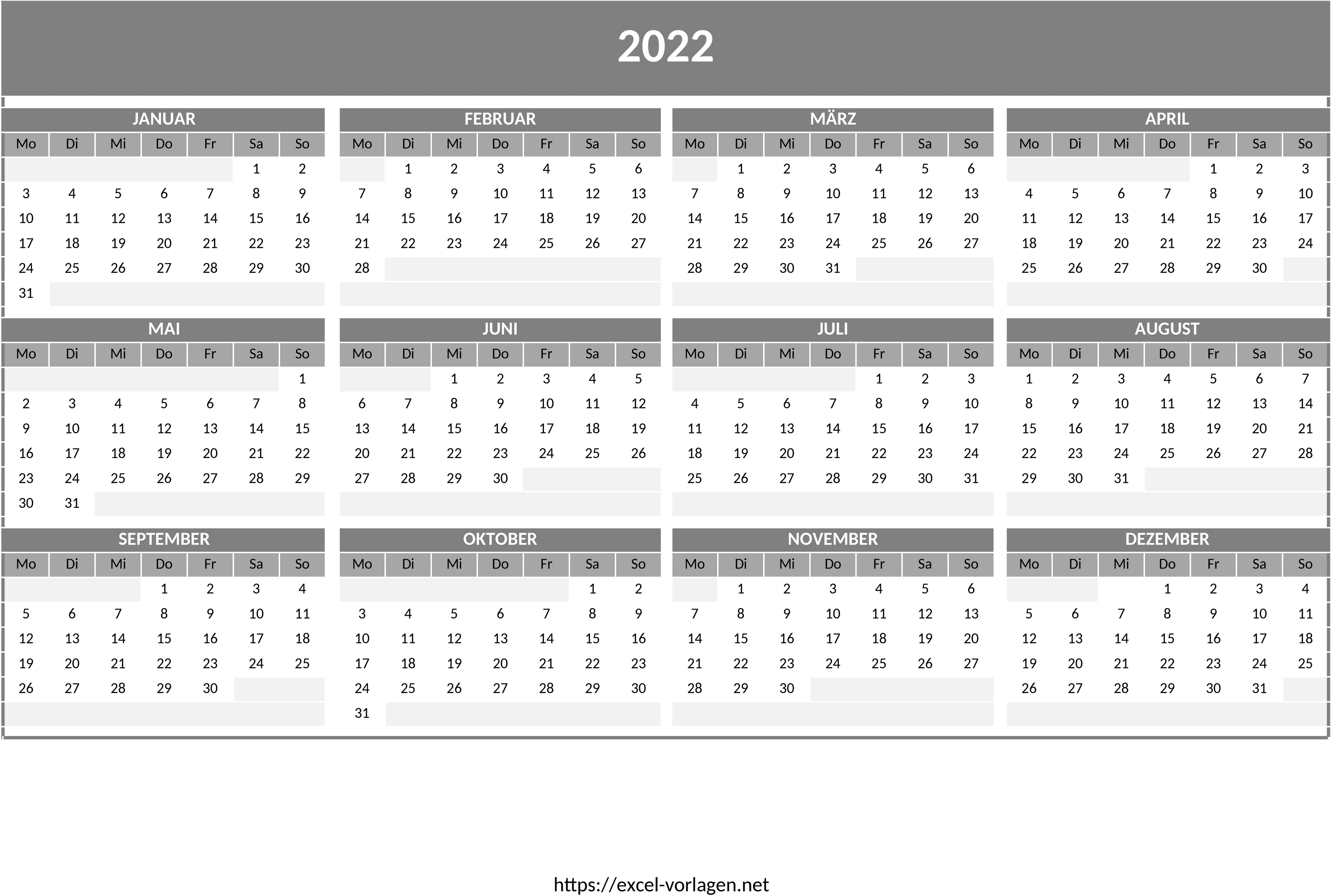 Excel-Vorlage Jahresplaner 2022 für Planung & Organisation