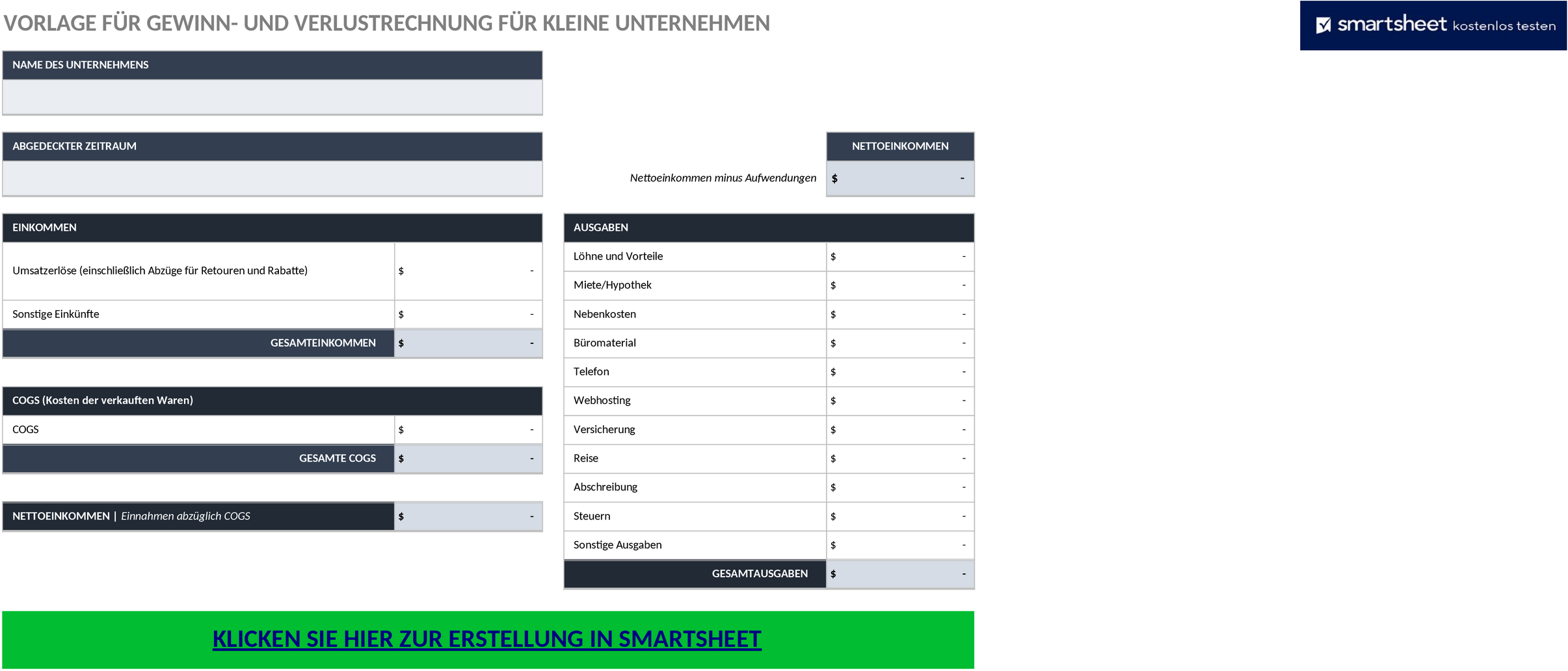 Excel-Vorlage für Kleine Unternehmen: Gewinn- und Verlustrechnung