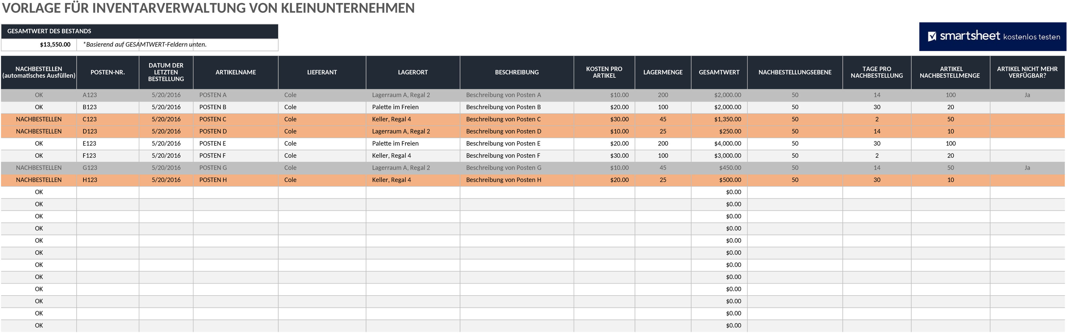 Excel-Vorlage für Inventarverwaltung im Kleinunternehmen