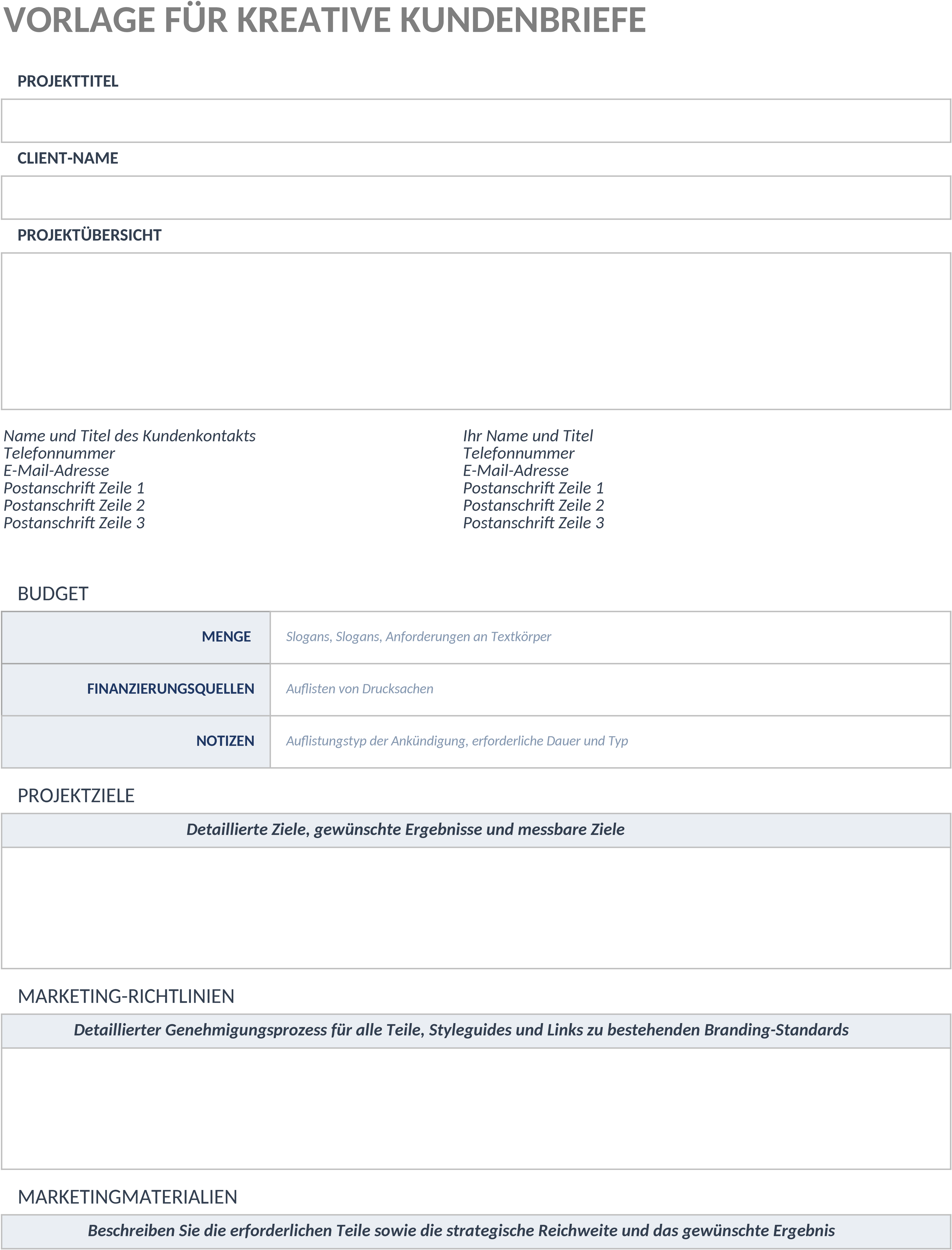 Excel-Vorlage für Kreativ-Briefing im Kundenmanagement