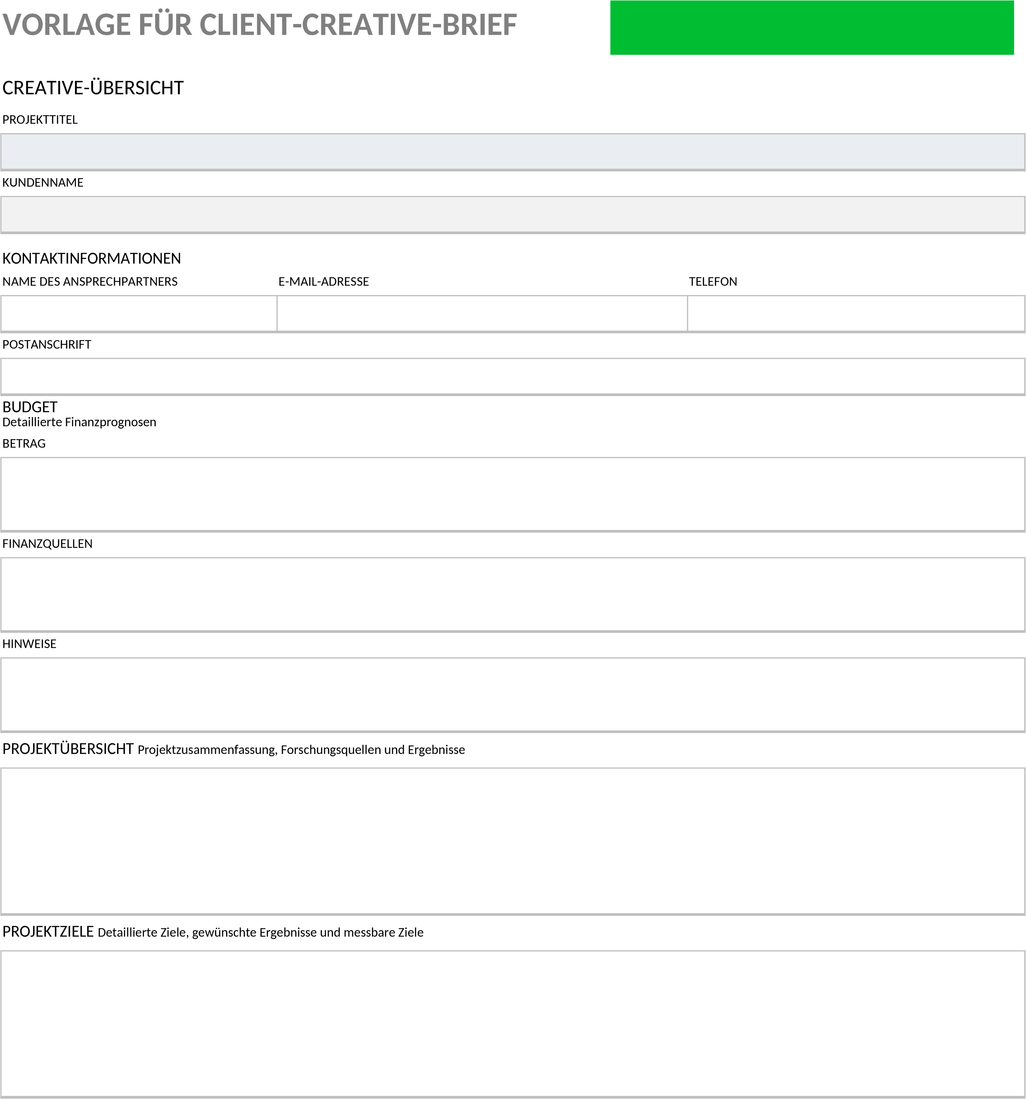 Excel-Vorlage für Kreativbriefing im Kundenmanagement