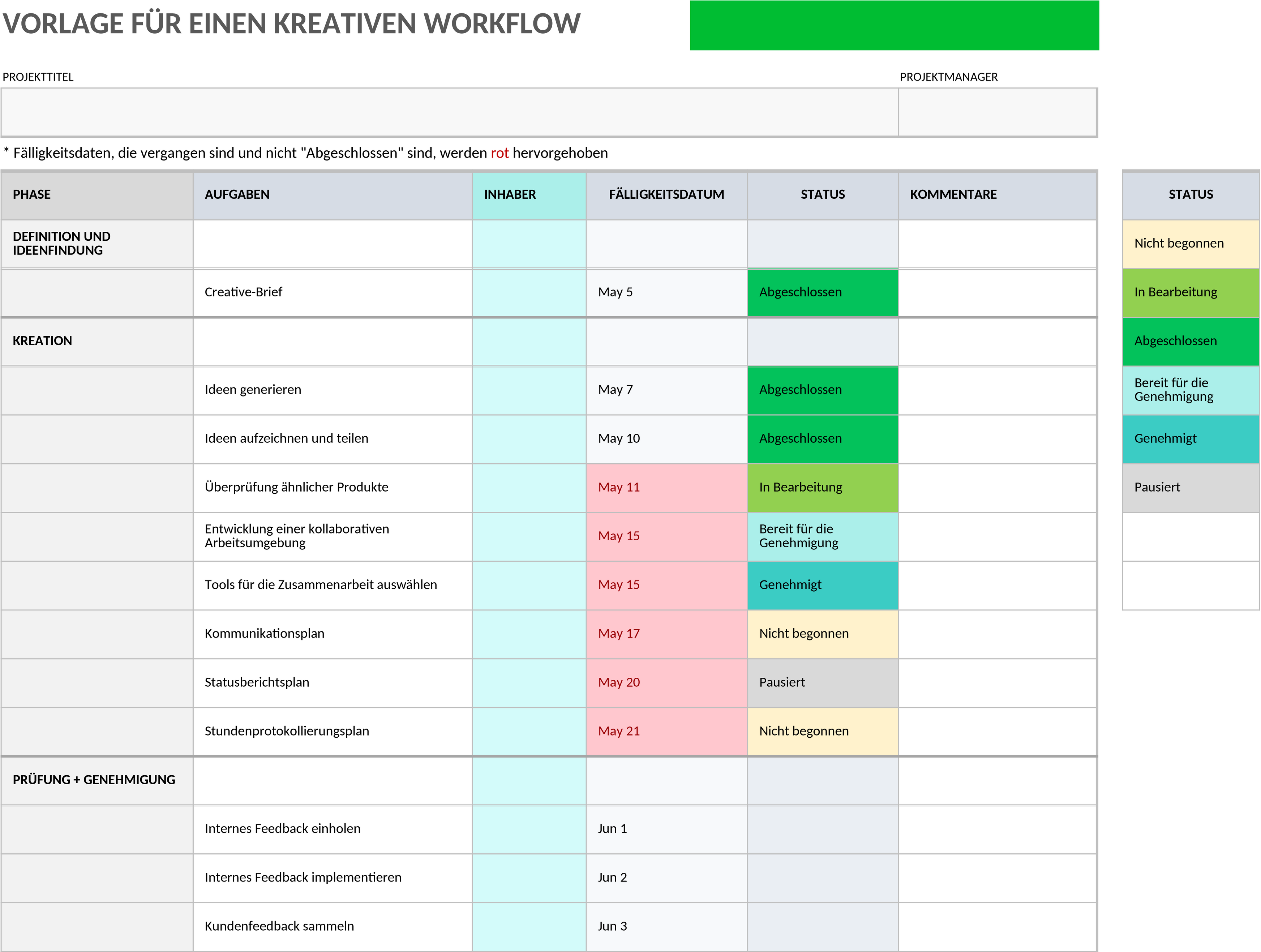Excel-Vorlage für Kreative Workflows