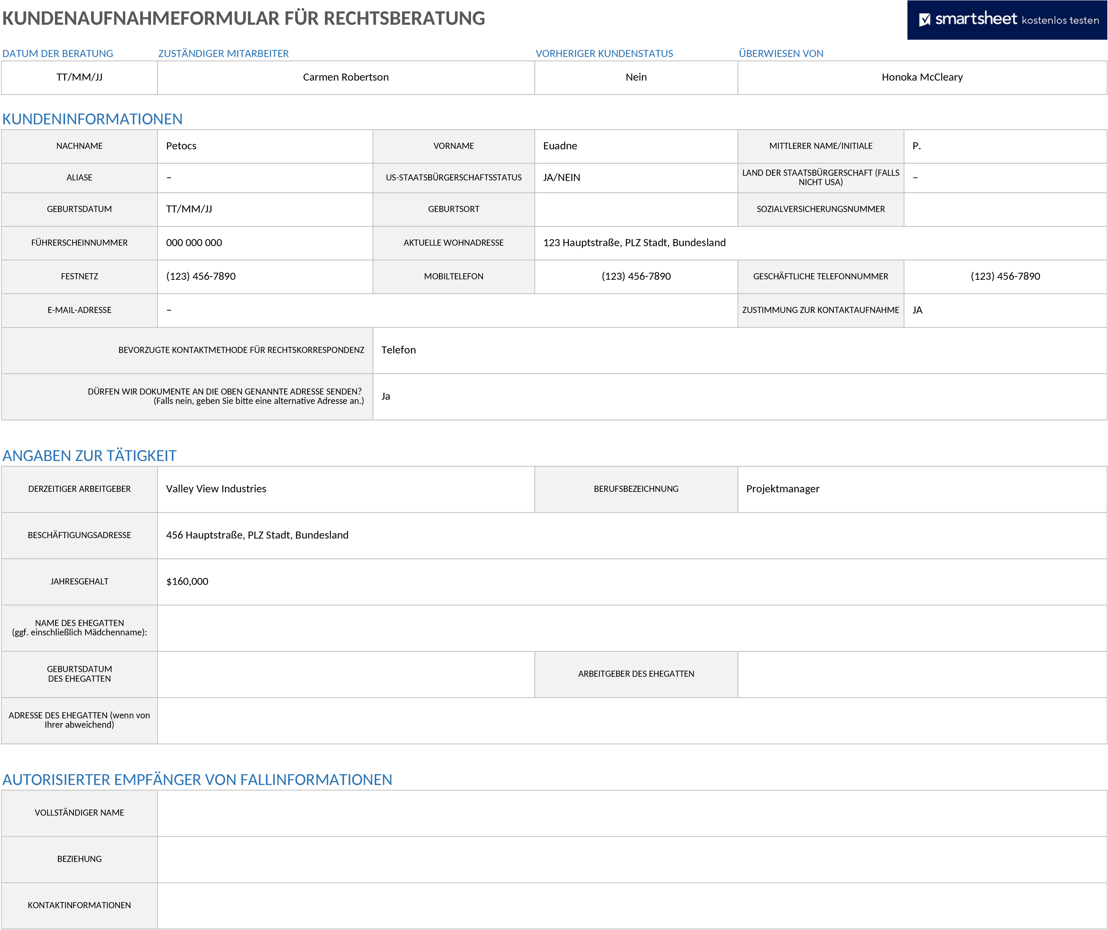 Excel-Vorlage zur Kundenaufnahme im Rechtsbereich