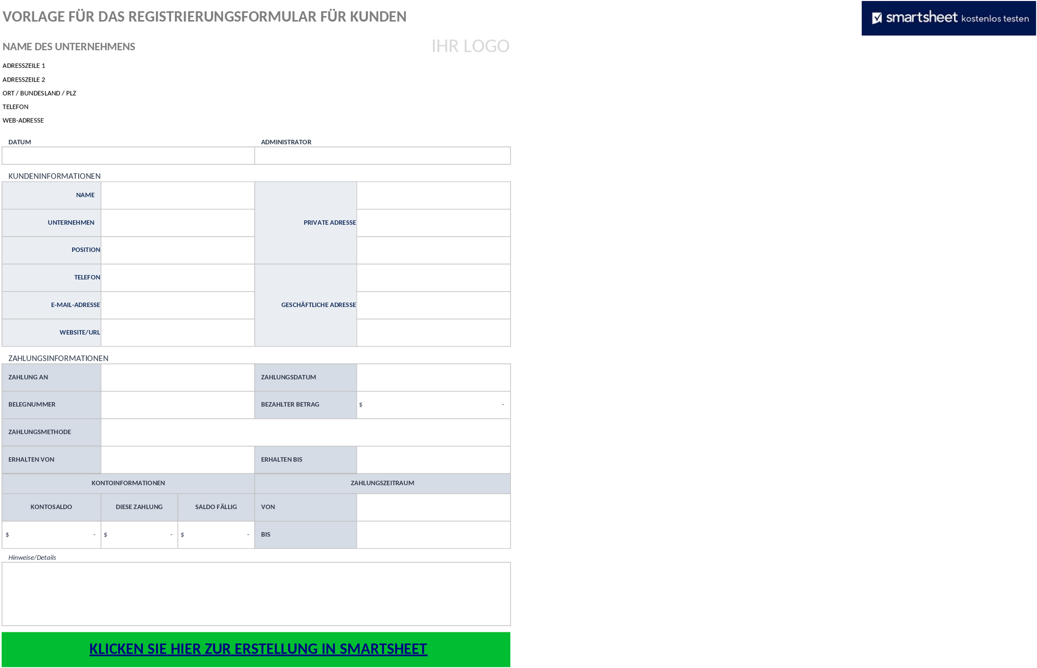Excel-Vorlage für Kundenregistrierung