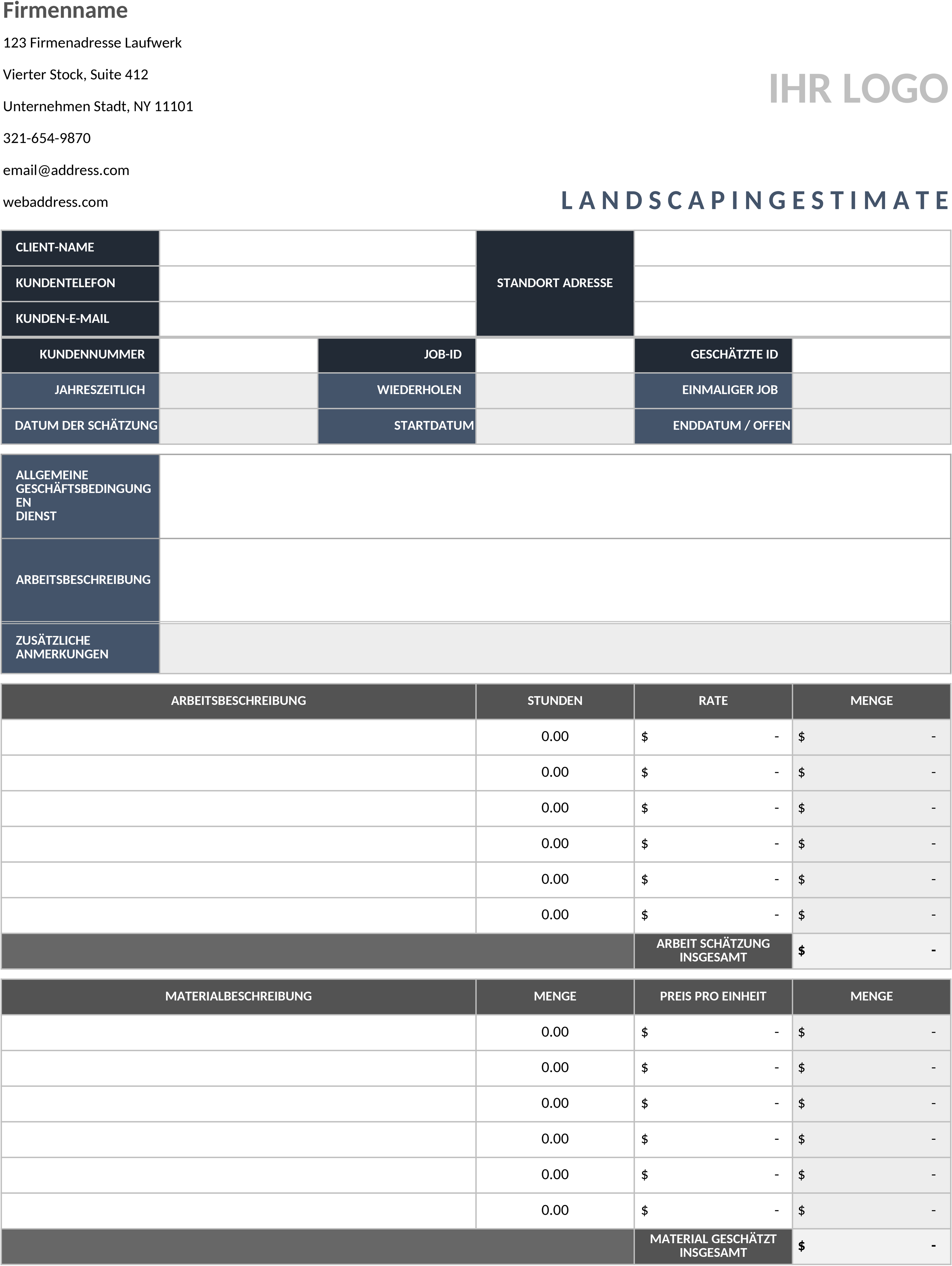 Excel-Vorlage für Landschaftsbau-Kostenvoranschläge