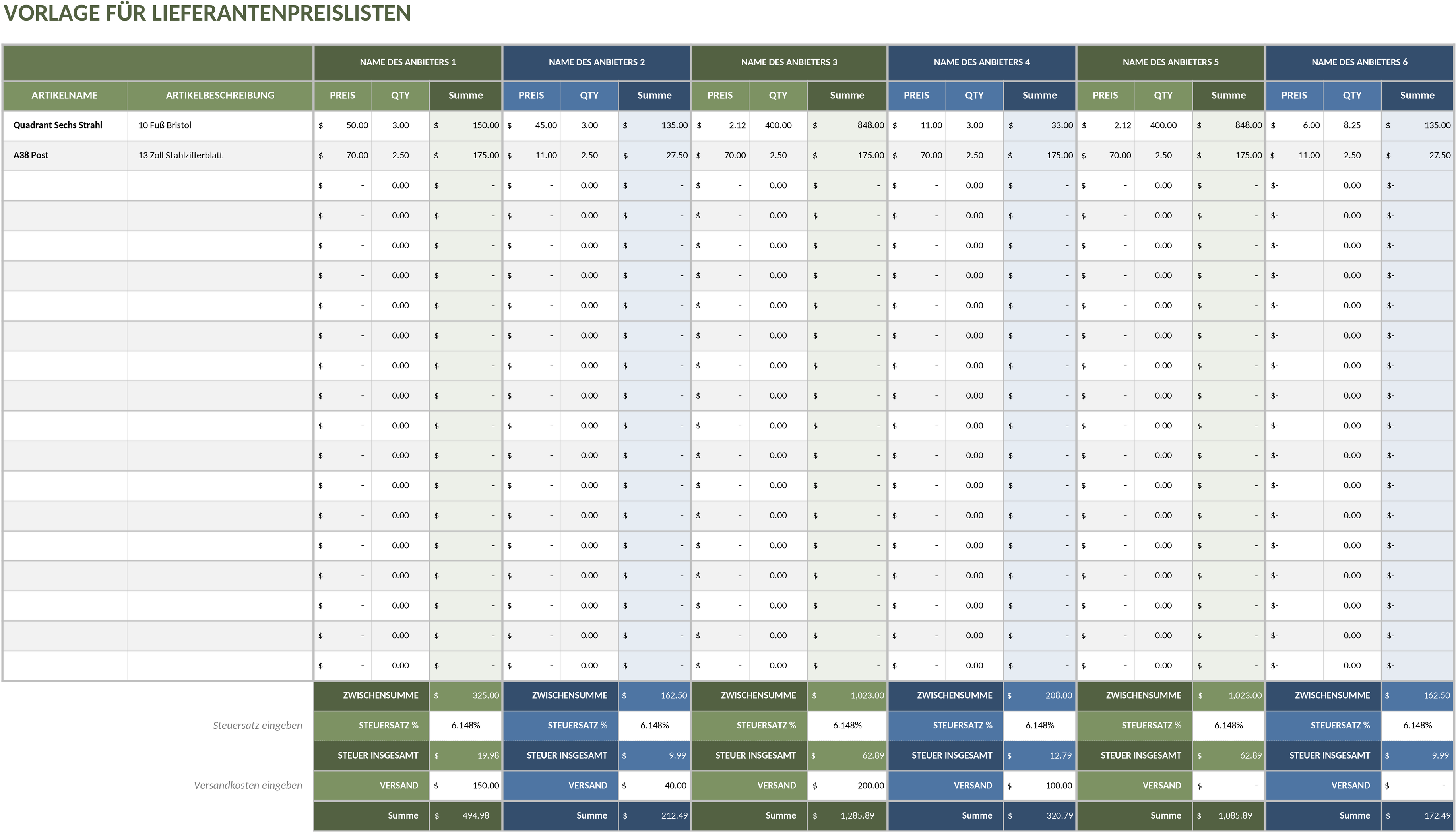 Excel-Vorlage für Lieferantenpreislisten