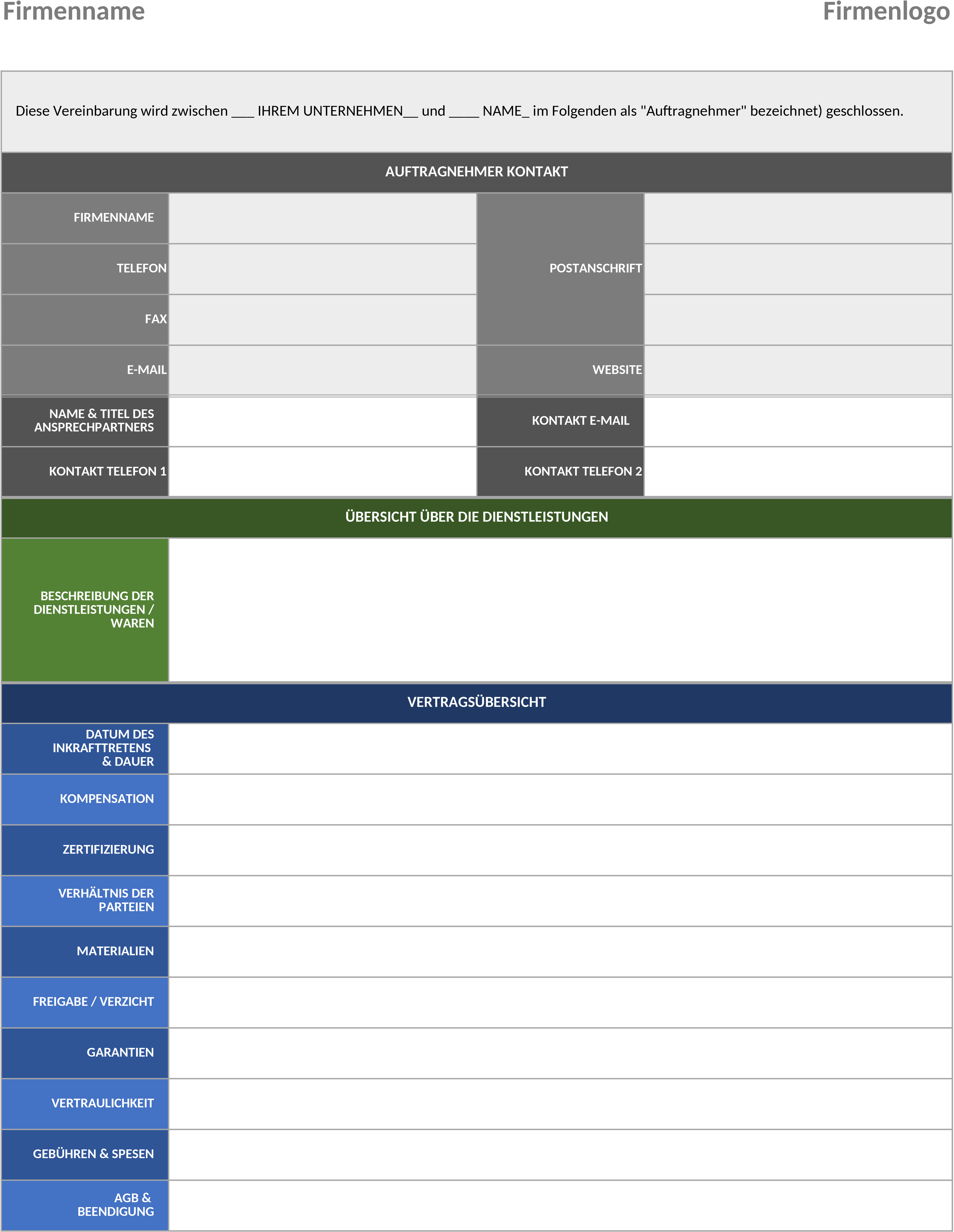 Excel-Vorlage für Lieferantenverträge