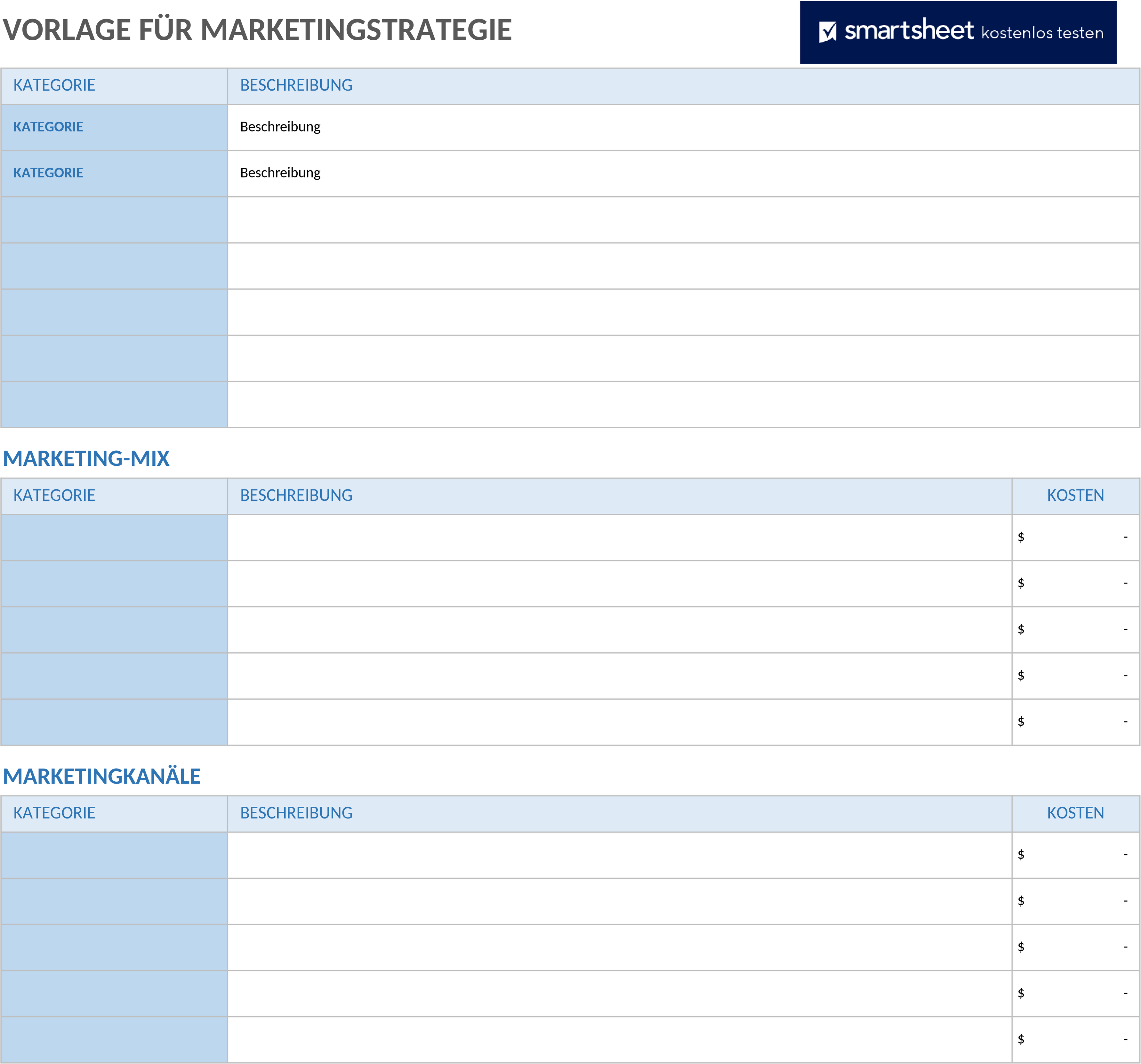 Excel-Vorlage für eine Marketingstrategie-Entwicklung