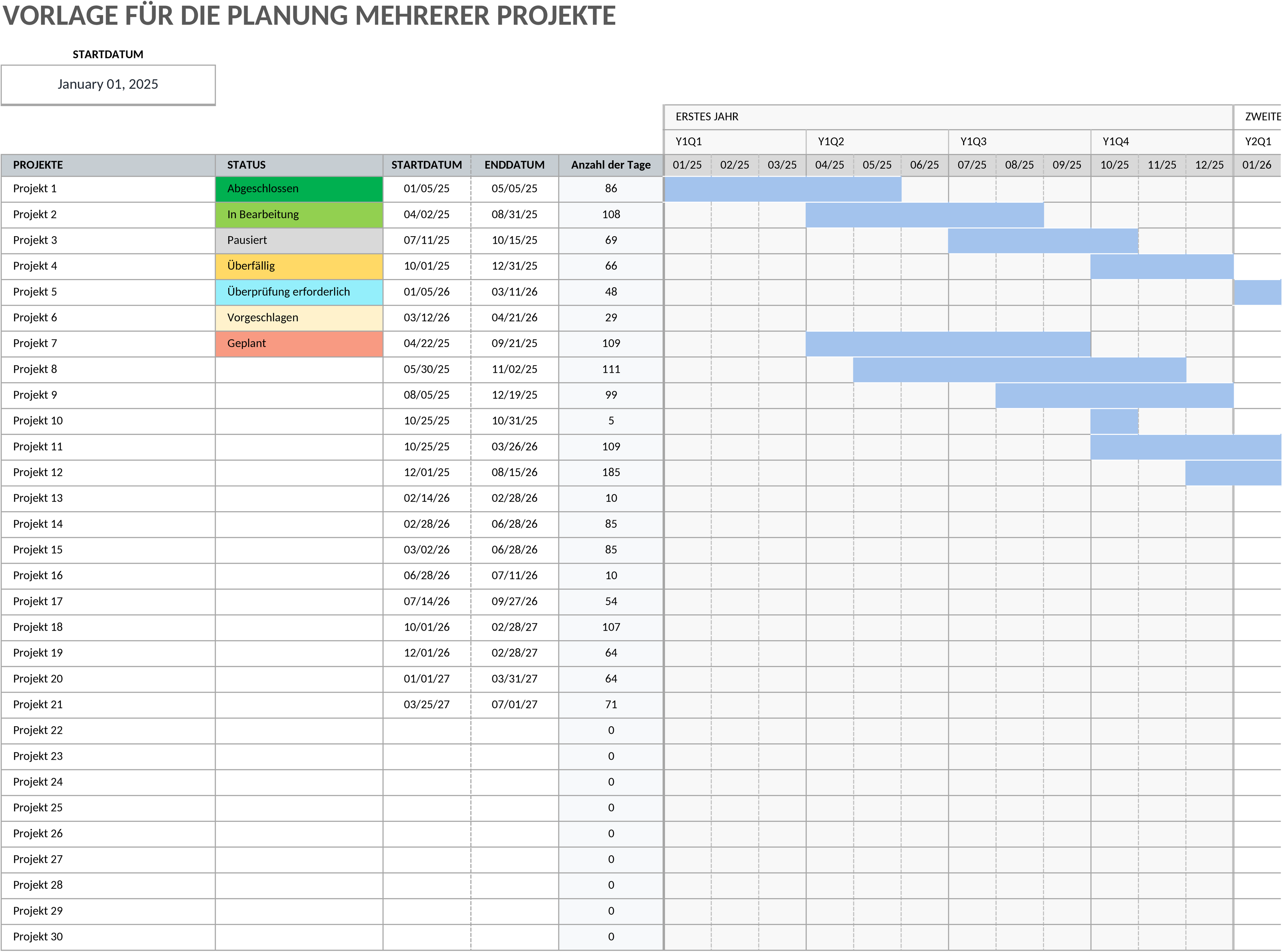 Excel-Vorlage für Mehrfach-Projektplanung