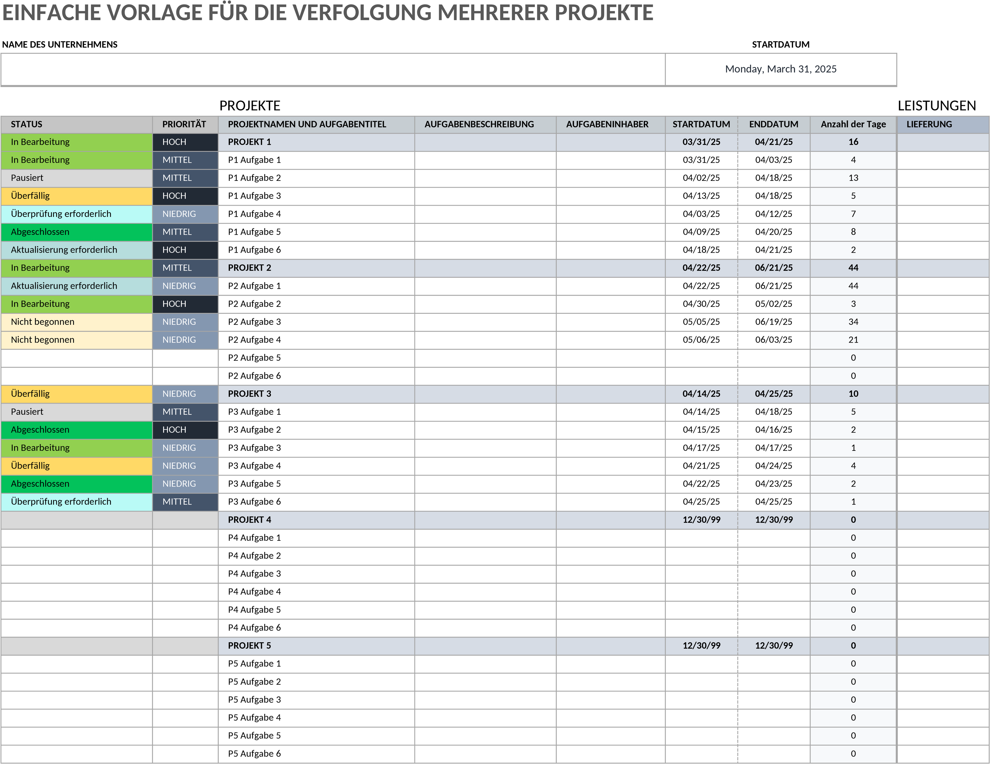 Excel-Vorlage zur Projektverfolgung für Mehrfachprojekte