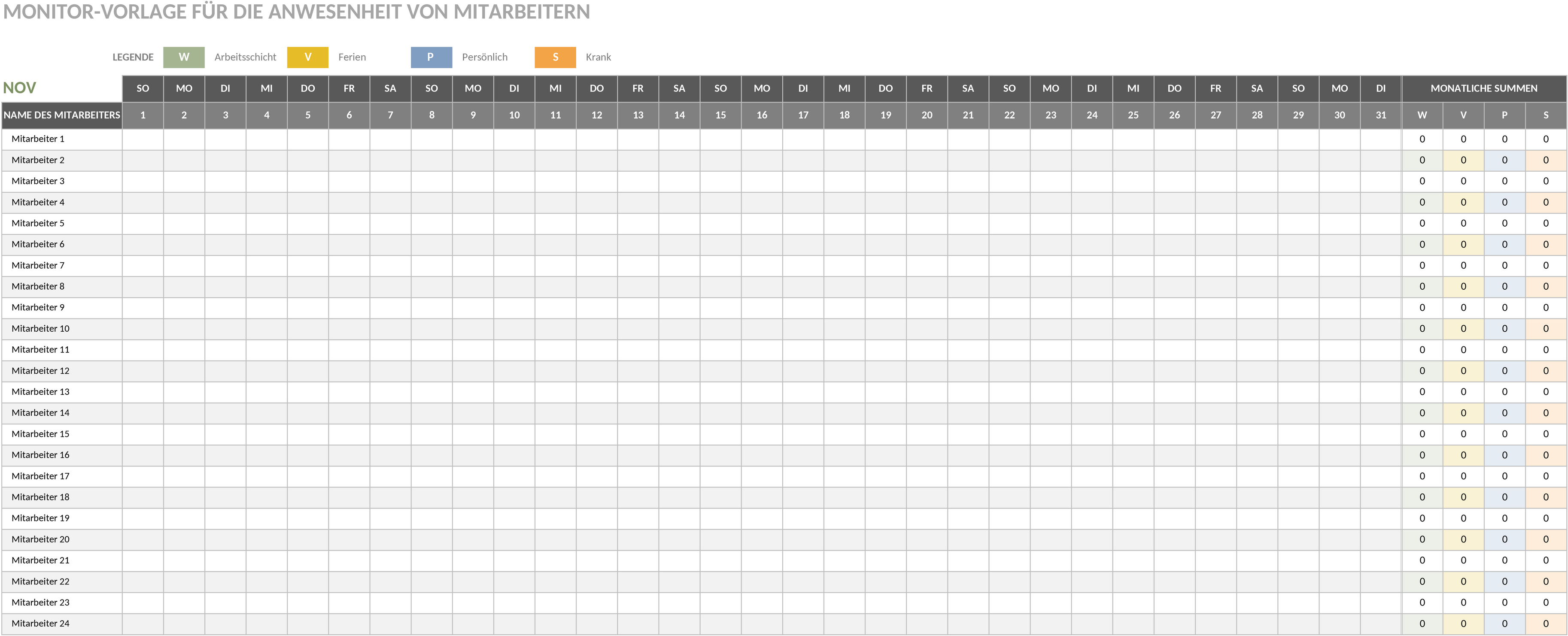 Excel-Vorlage zur Mitarbeiteranwesenheitsverfolgung