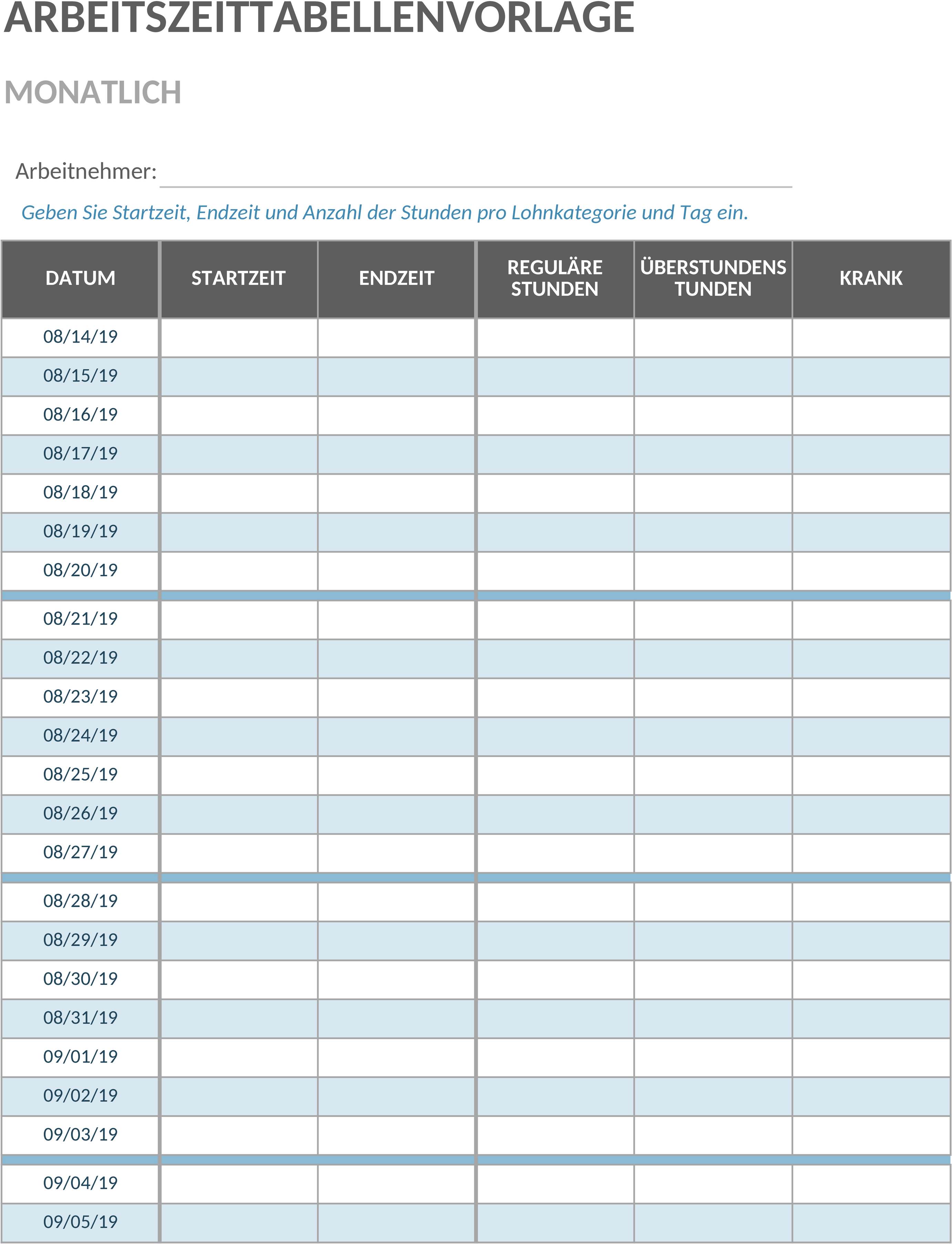 Excel-Vorlage für Monatliche Arbeitszeiterfassung