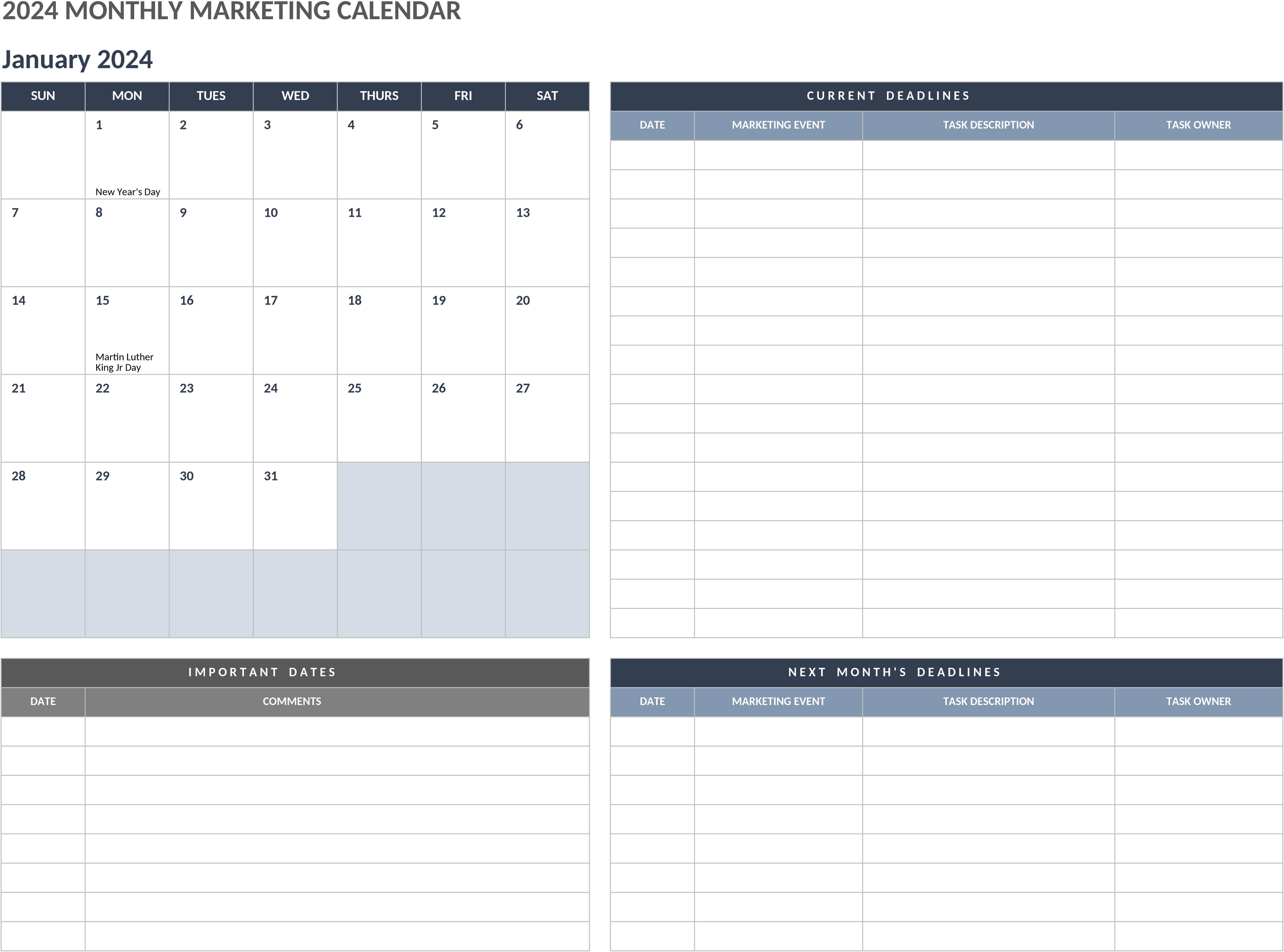 Excel-Vorlage für Monatlichen Marketingkalender 2024