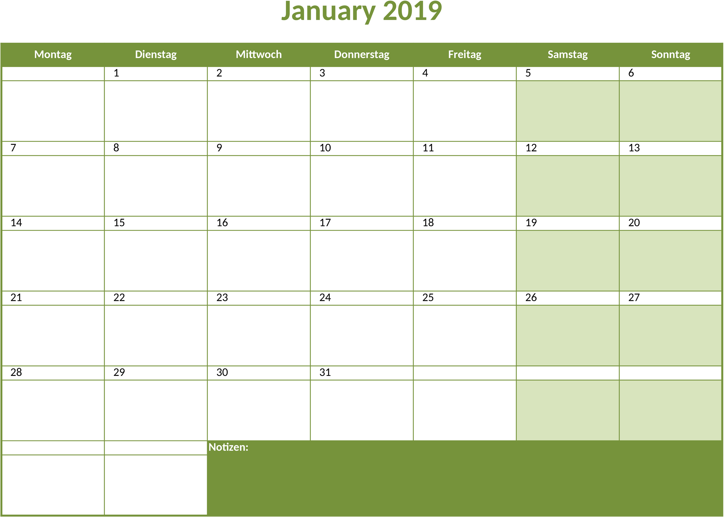 Excel-Vorlage für Monatskalender 2019