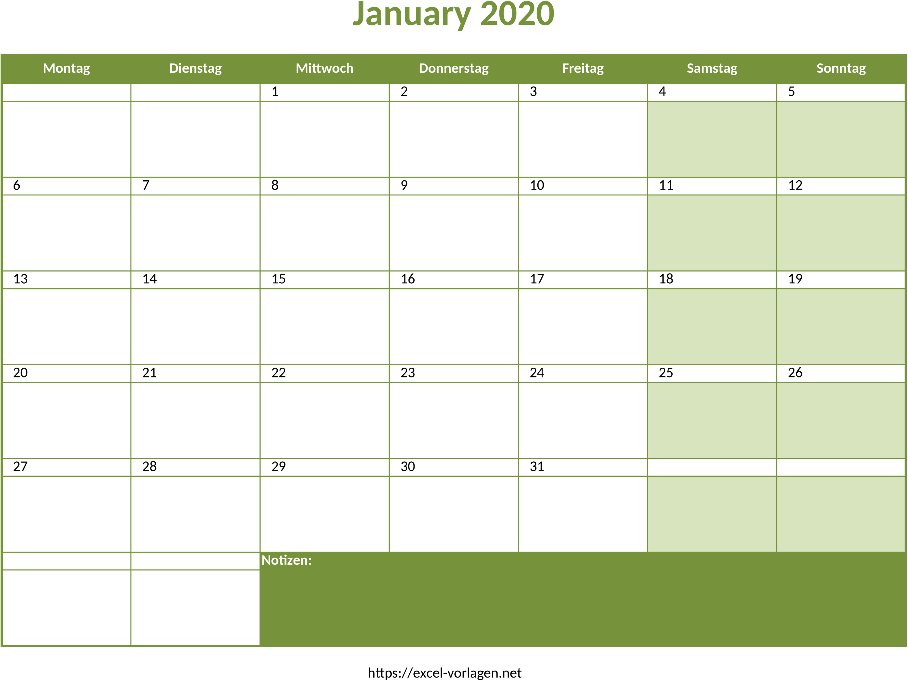 Excel-Vorlage für Monatskalender 2020